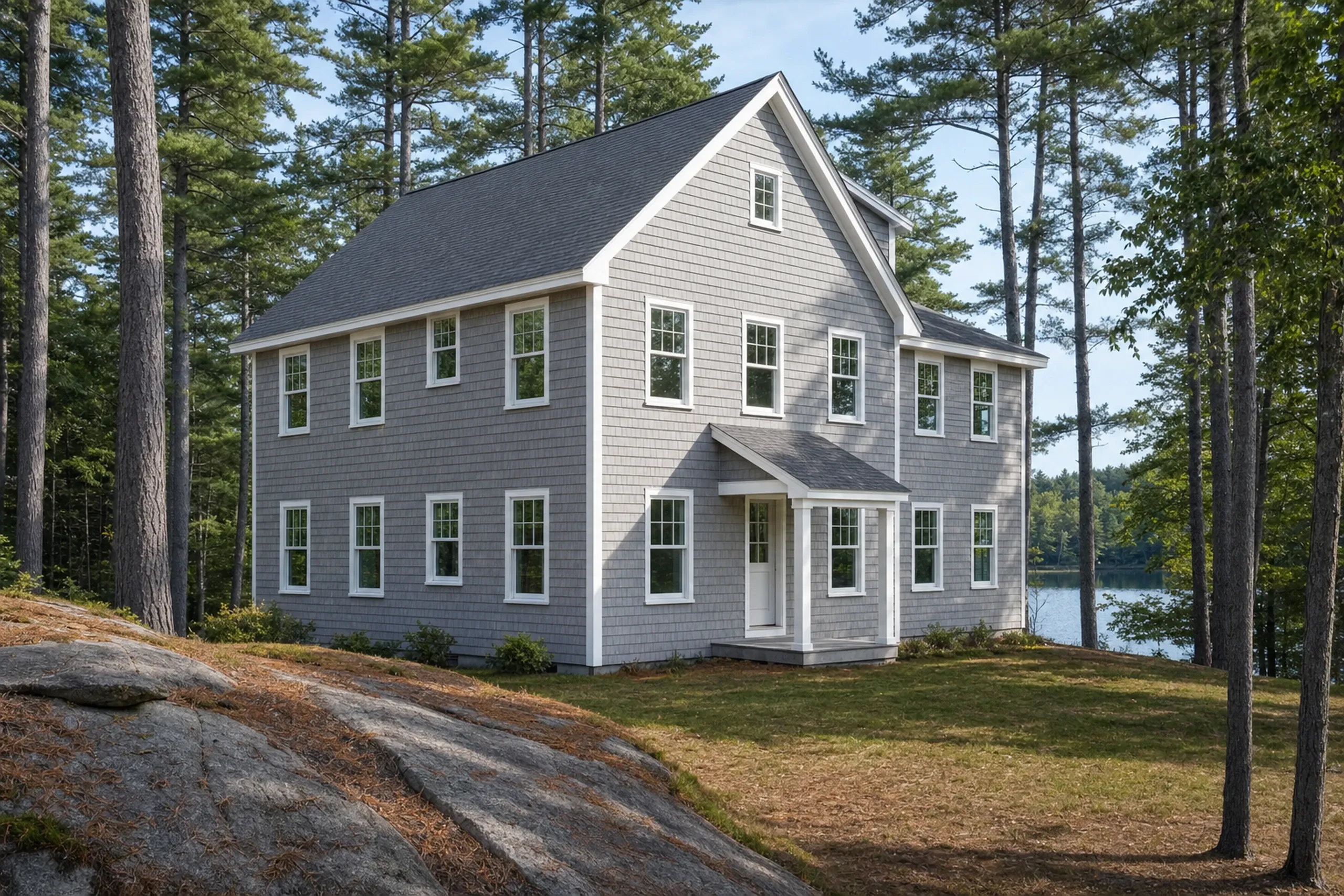Siding replacement in Poland, ME: a lake house among pines with finished natural cedar shingles weathering to silver-gray, white trim, a glimpse of pond water, late summer.