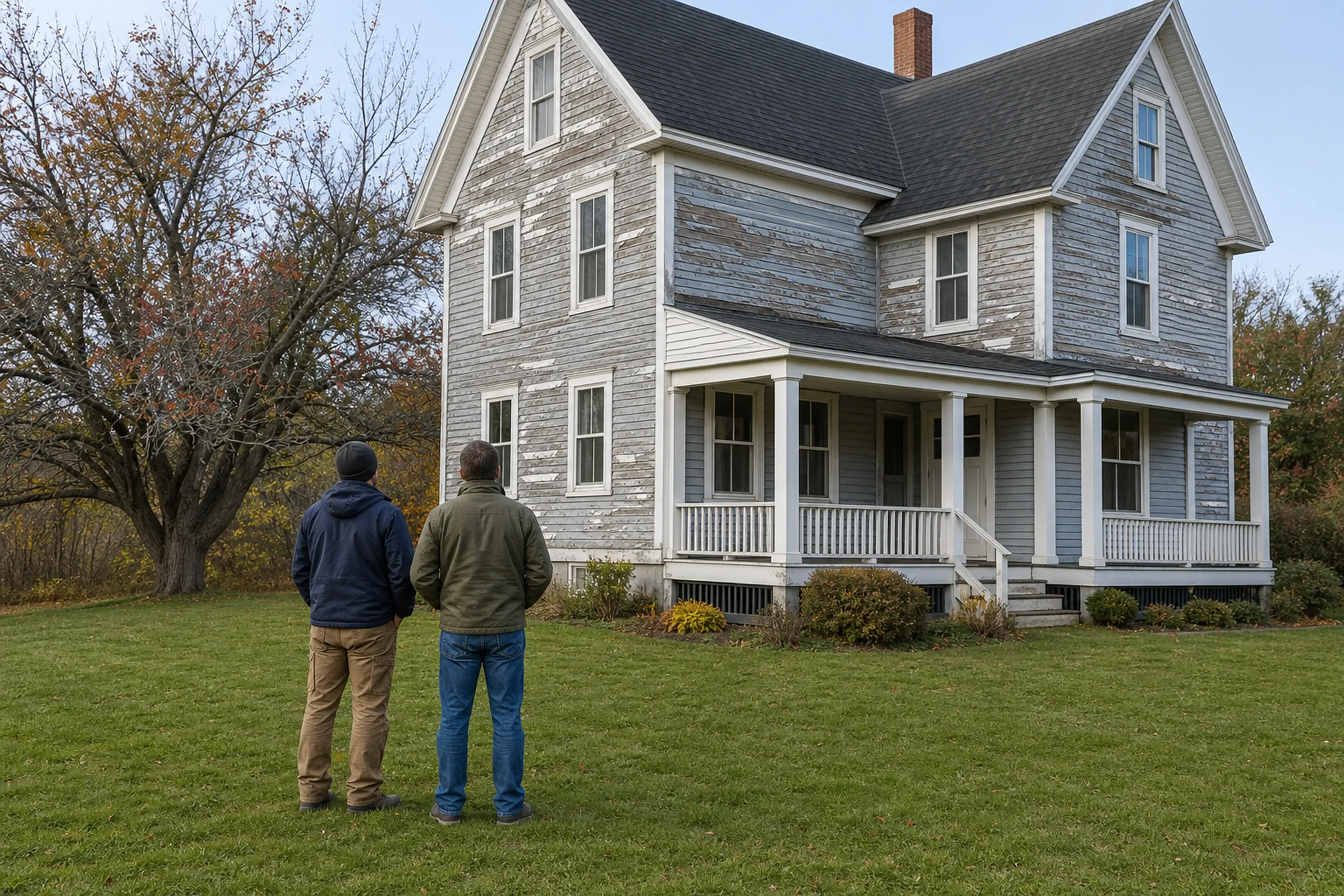Poland siding first visit at a Poland Spring Victorian: In crisp early-autumn light, two people, a siding installer and a homeowner, seen from behind, stand on the lawn of an old resort-era Poland Victorian with a wide front porch and look at wood clapboards with paint failing in sheets and a split board near the corner, an apple tree behind.