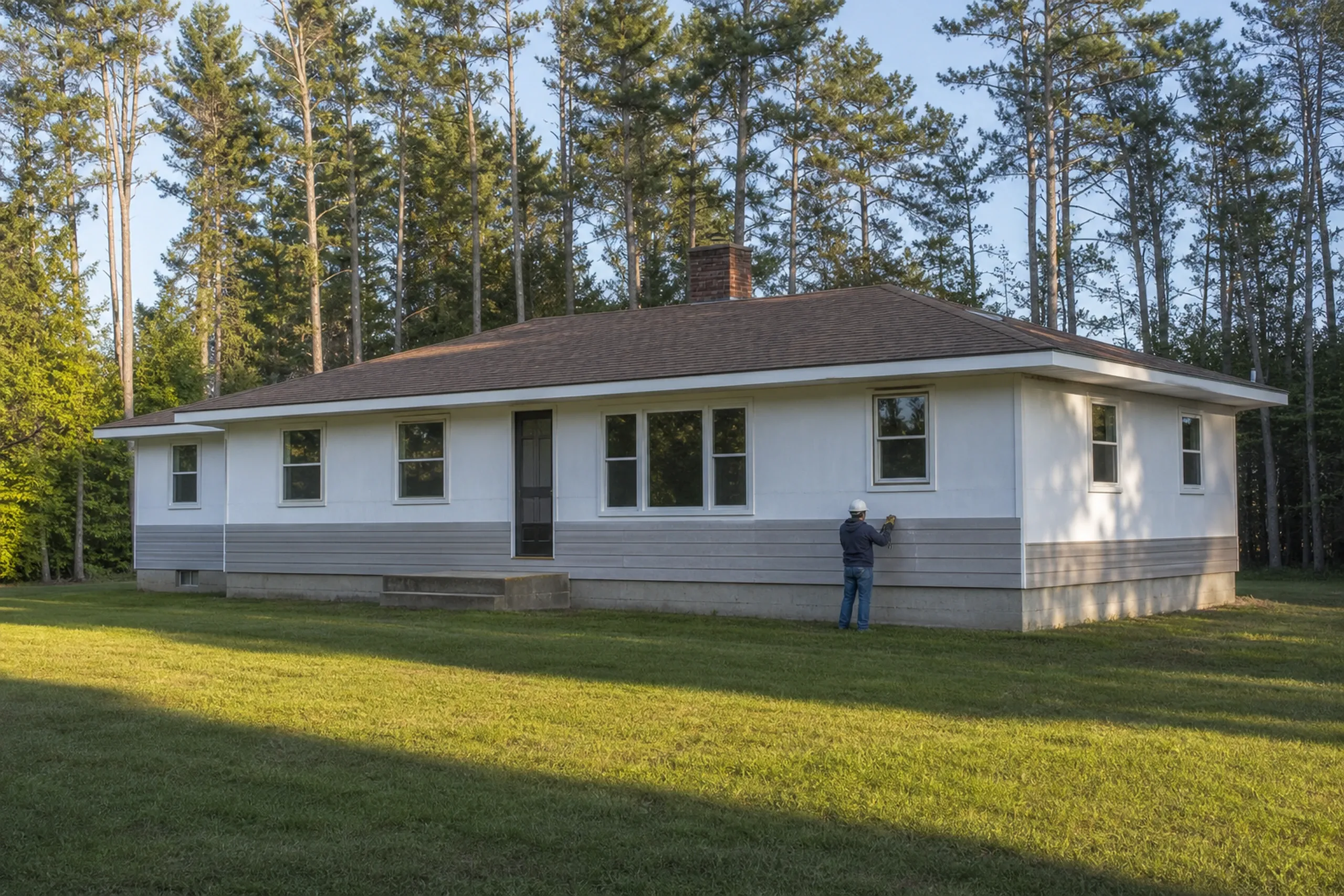 Poland ranch first courses of lap siding stage: A 1970s Poland ranch wall in-progress at the first courses of lap siding stage, the lowest three rows of pale gray LP boards fastened above the foundation with plain white housewrap covering the wall above, one worker seen from behind at a distance, tall white pines, warm late-afternoon summer light.