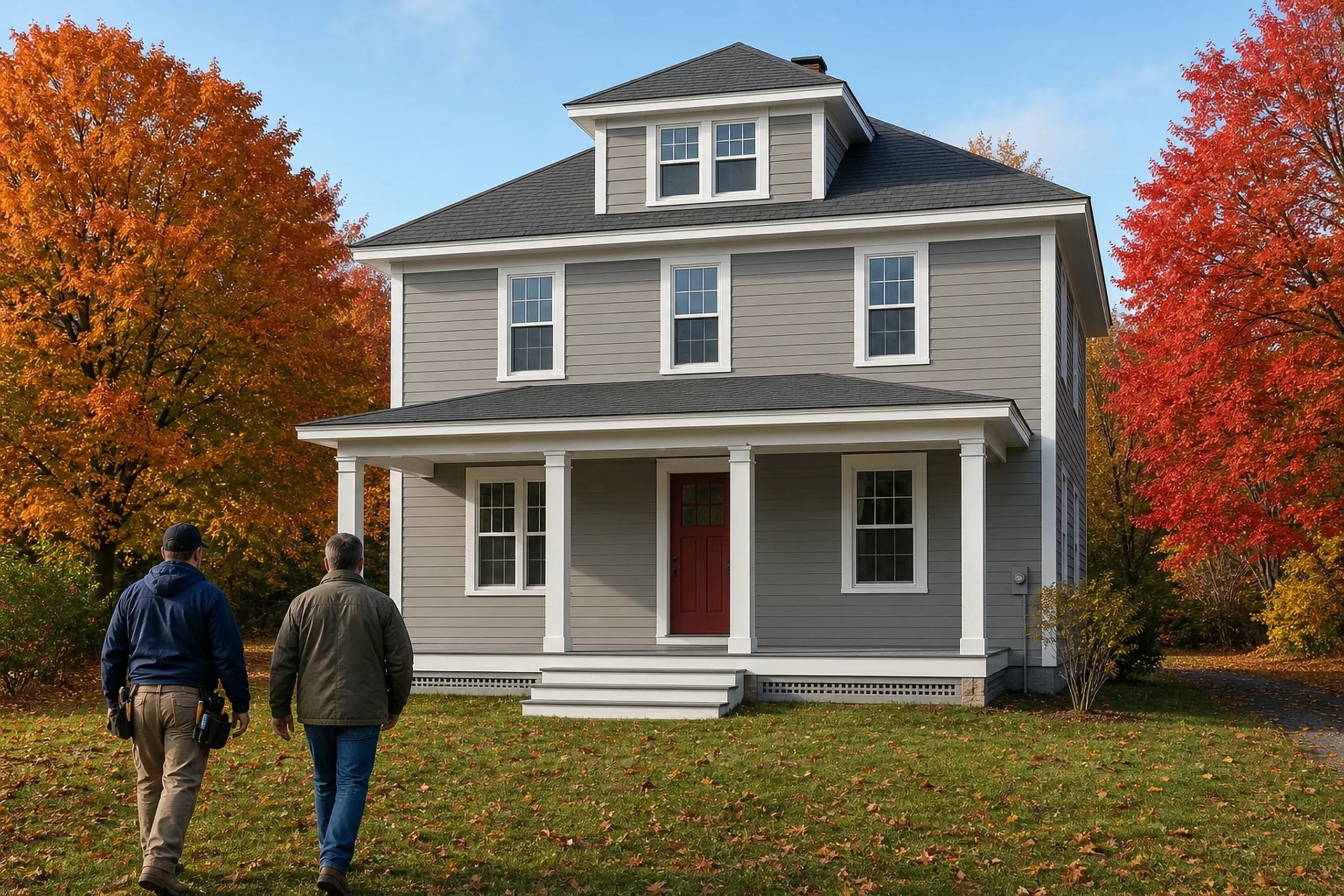Poland final walkaround at a Hackett Mills foursquare: In cool clear October morning light, two people, a siding installer and a homeowner, seen from behind, walk across the lawn toward a re-sided American foursquare finished in warm gray fiber cement lap with white corner boards, a deep front porch with square columns and a red door, maples at peak color.