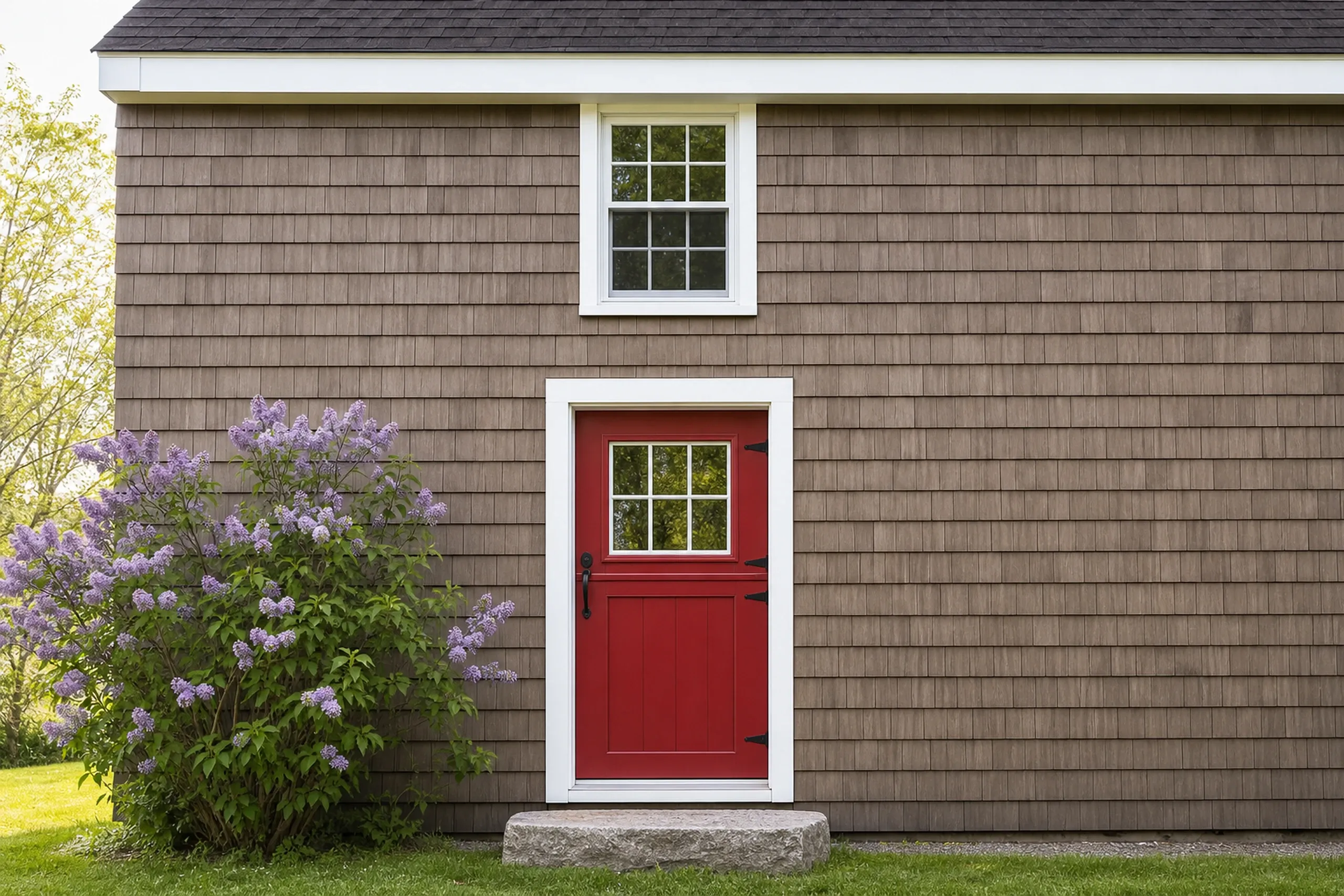Poland re-sided camp front entry: The front entry of a re-sided Poland camp, shot vertically, cedar shingles stained warm gray-brown around a red Dutch door with a small window, white trim, a flat fieldstone step and pale purple lilacs in bloom, clear late-spring morning light.