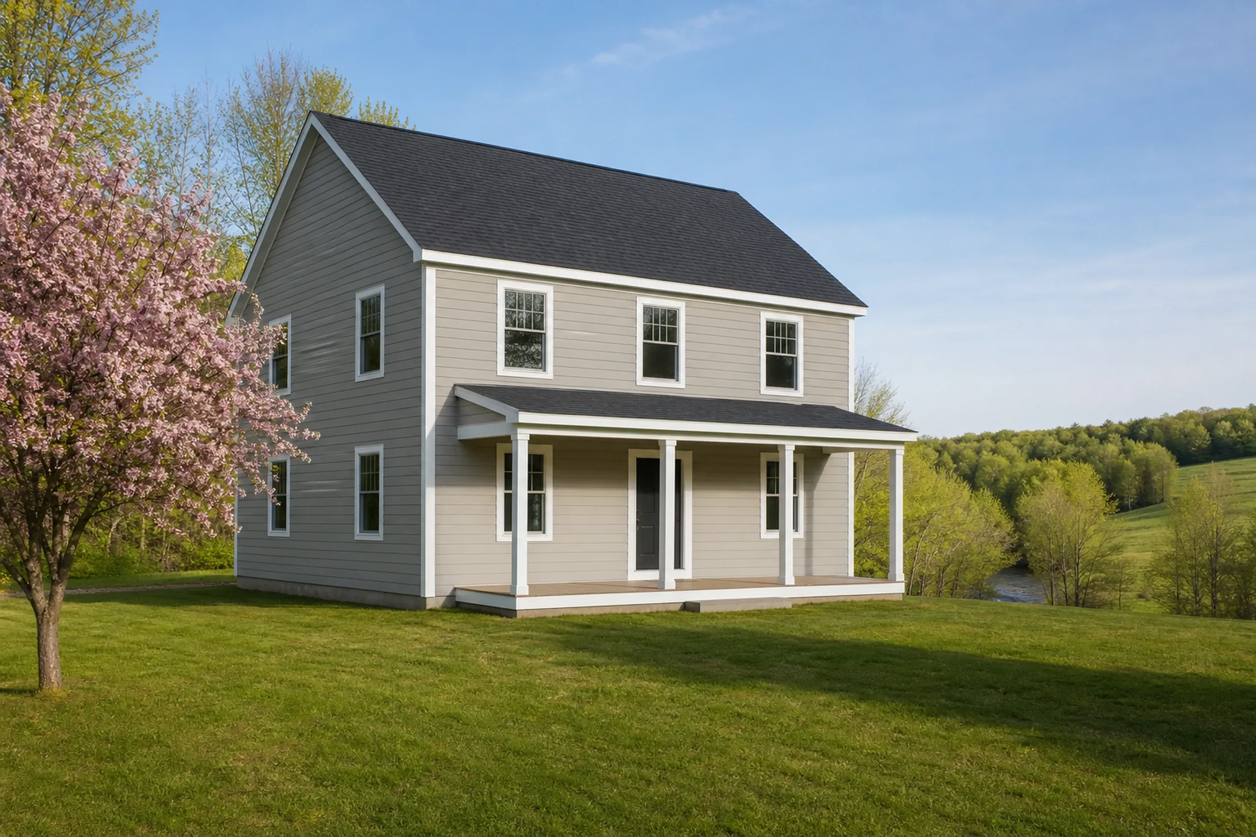 Re-sided Pownal country house in late spring: A re-sided two-story 2000s house with a covered front porch on a country road, finished in soft greige fiber cement lap with white trim and square white porch posts, a flowering crabapple, a pasture sloping toward a brook and new green leaves, clear late-spring morning light.
