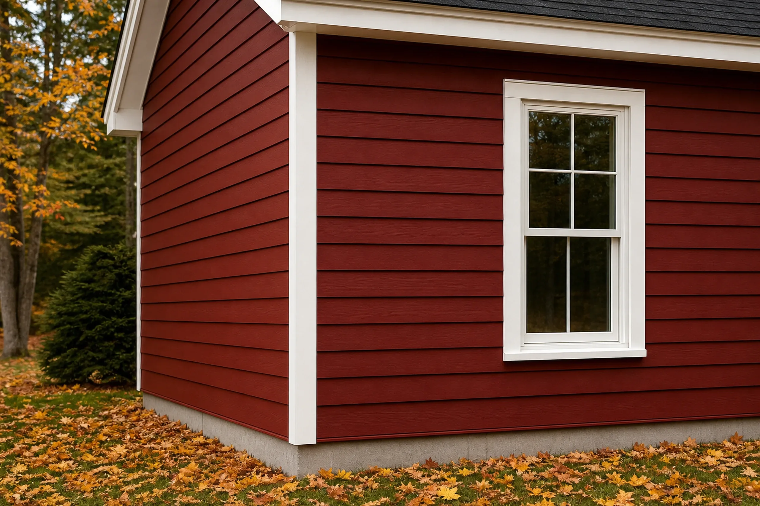 Fiber cement corner on an older Pownal, ME home: close view of barn red fiber cement lap boards meeting a wide white corner board and a window casing on a two-story house, fallen leaves on the grass below, mid fall.