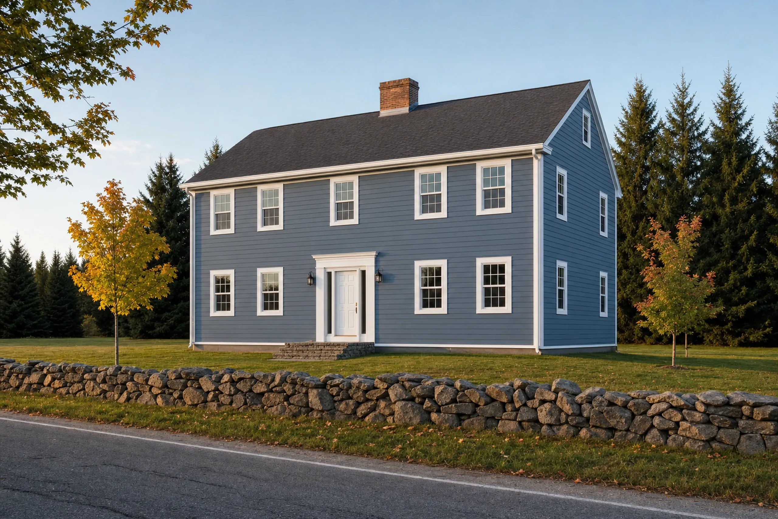 Siding replacement in Pownal, ME: a two-story 1970s colonial set back from a country road, finished in slate blue fiber cement lap siding with crisp white trim and corner boards, a low fieldstone wall along the front lawn, early fall.