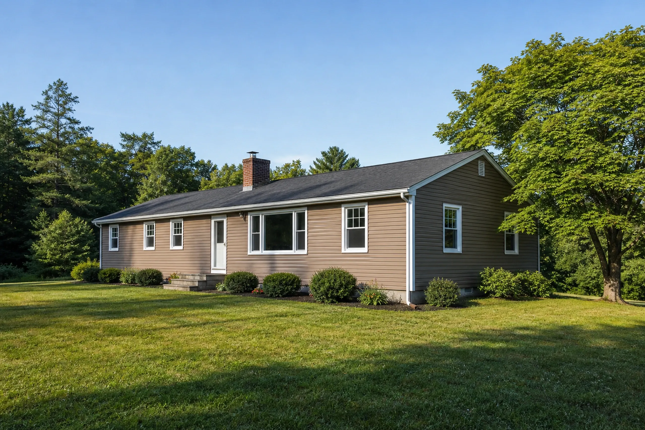 Vinyl siding on a Pownal, ME ranch: a 1970s single-story ranch with new clay-colored vinyl lap siding, white corner posts and window trim, a mowed lawn and a red maple, midsummer.