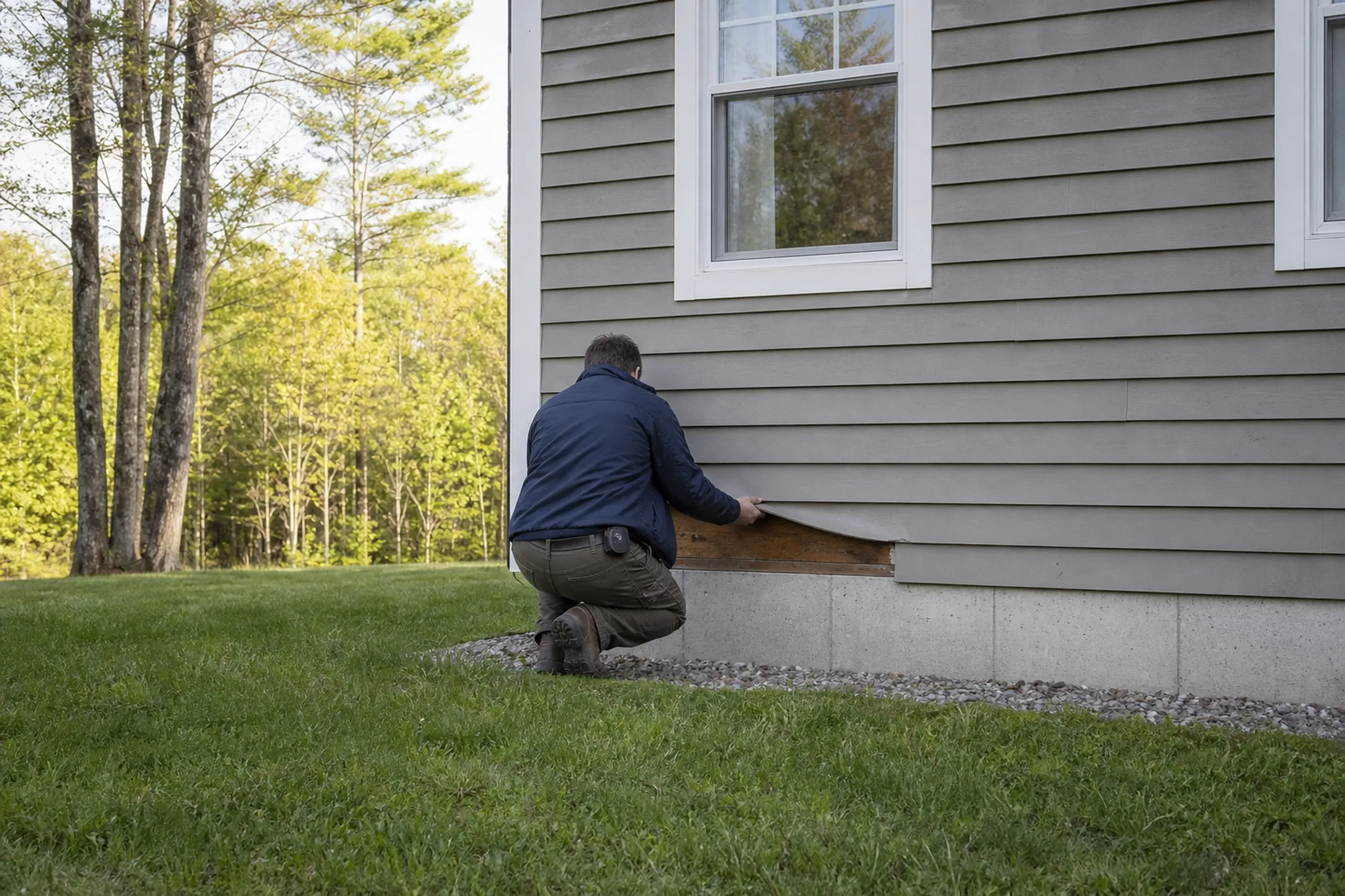 Pownal, ME wall check before re-siding: one installer seen from behind lifting the bottom edge of an old siding course at the sill corner of a ranch house, a tape measure on his belt, green lawn and woods behind, late spring.