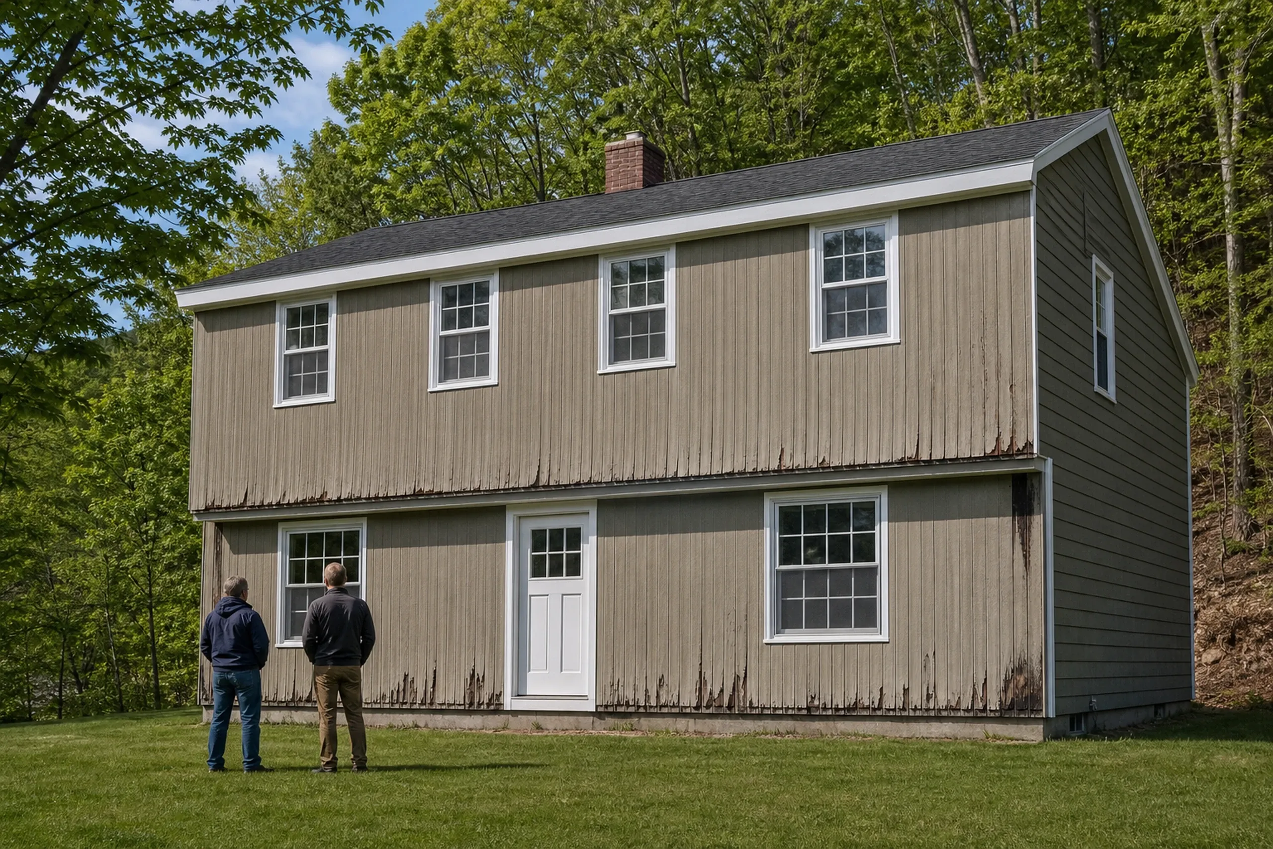 Pownal siding first visit at a 1970s garrison colonial: Under bright early-summer afternoon light, two people, a siding installer and a homeowner, seen from behind, stand on the lawn facing a 1970s garrison colonial whose old grooved plywood siding has swollen and flaked at the bottom edge, with dark stains below the corners and a wooded hillside behind.