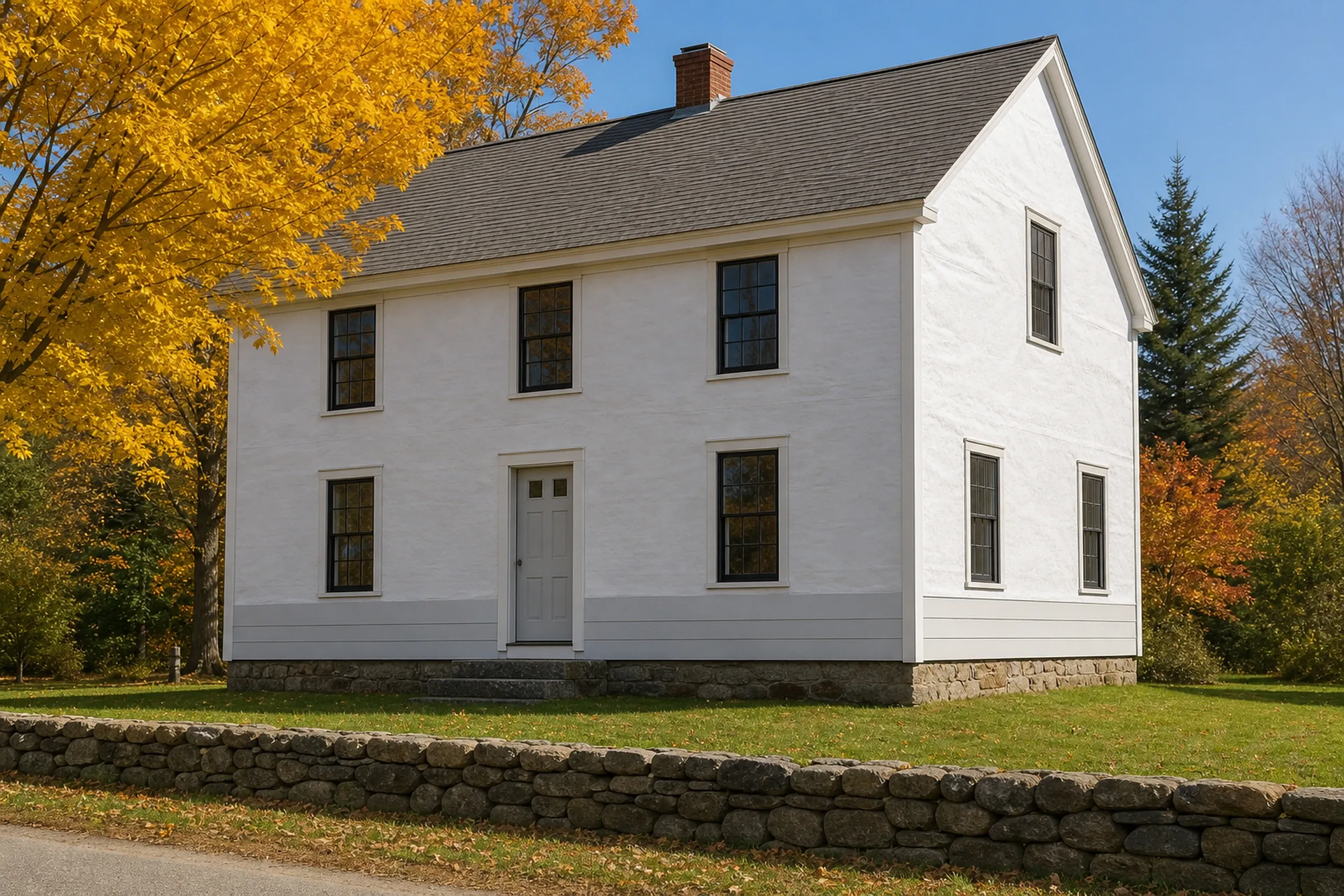 Pownal first courses of fiber cement lap stage: A Colonial Revival village house wall in-progress at the first courses of fiber cement lap stage, smooth primed planks fastened in straight rows above a granite foundation, plain white housewrap covering the wall higher up, white corner boards already set, a stone wall and a gold maple, crisp early-autumn light.