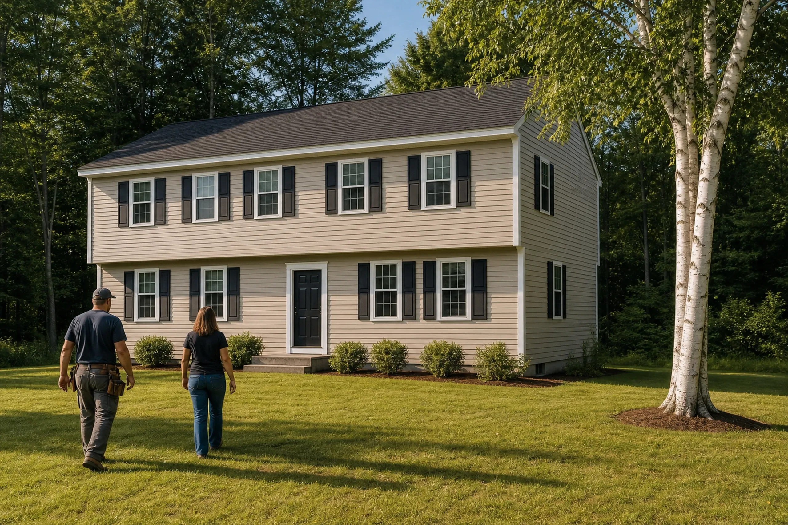 Pownal siding final walkaround at a garrison colonial: In warm late-afternoon summer light, two people, a siding installer and a homeowner, seen from behind, walk across the lawn toward a re-sided 1970s garrison colonial finished in sandstone vinyl lap with white corner posts, white window trim and black shutters, a mown lawn and a white birch.
