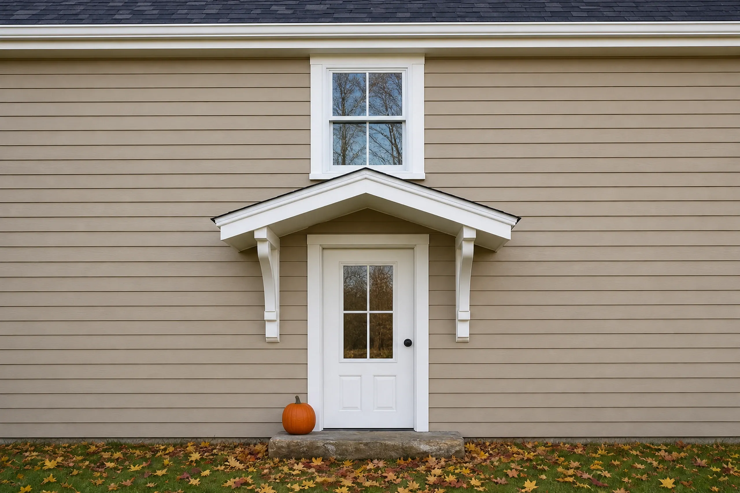 Pownal re-sided farmhouse front entry: The front entry of a re-sided farmhouse, wheat-colored LP lap siding around a white paneled door beneath a small gabled hood with white brackets, a fieldstone step, a pumpkin by the door and maple leaves on the grass, cool clear October morning light, shot vertically, seen straight on.
