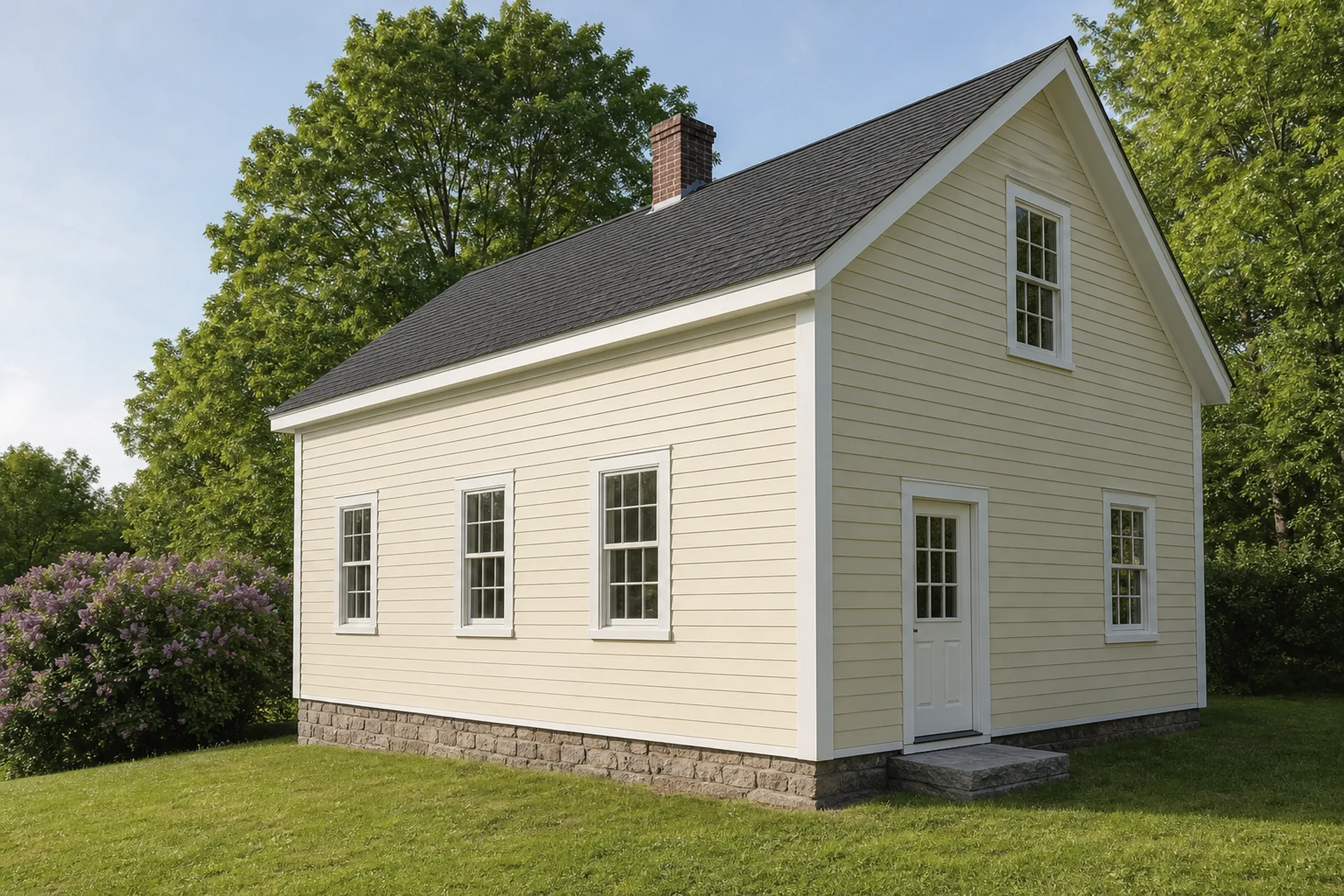 LP lap siding near Pownal Center, Maine: a white-trimmed village house re-sided in cedar-textured engineered wood lap painted soft cream, a granite foundation showing below the first course, early summer.