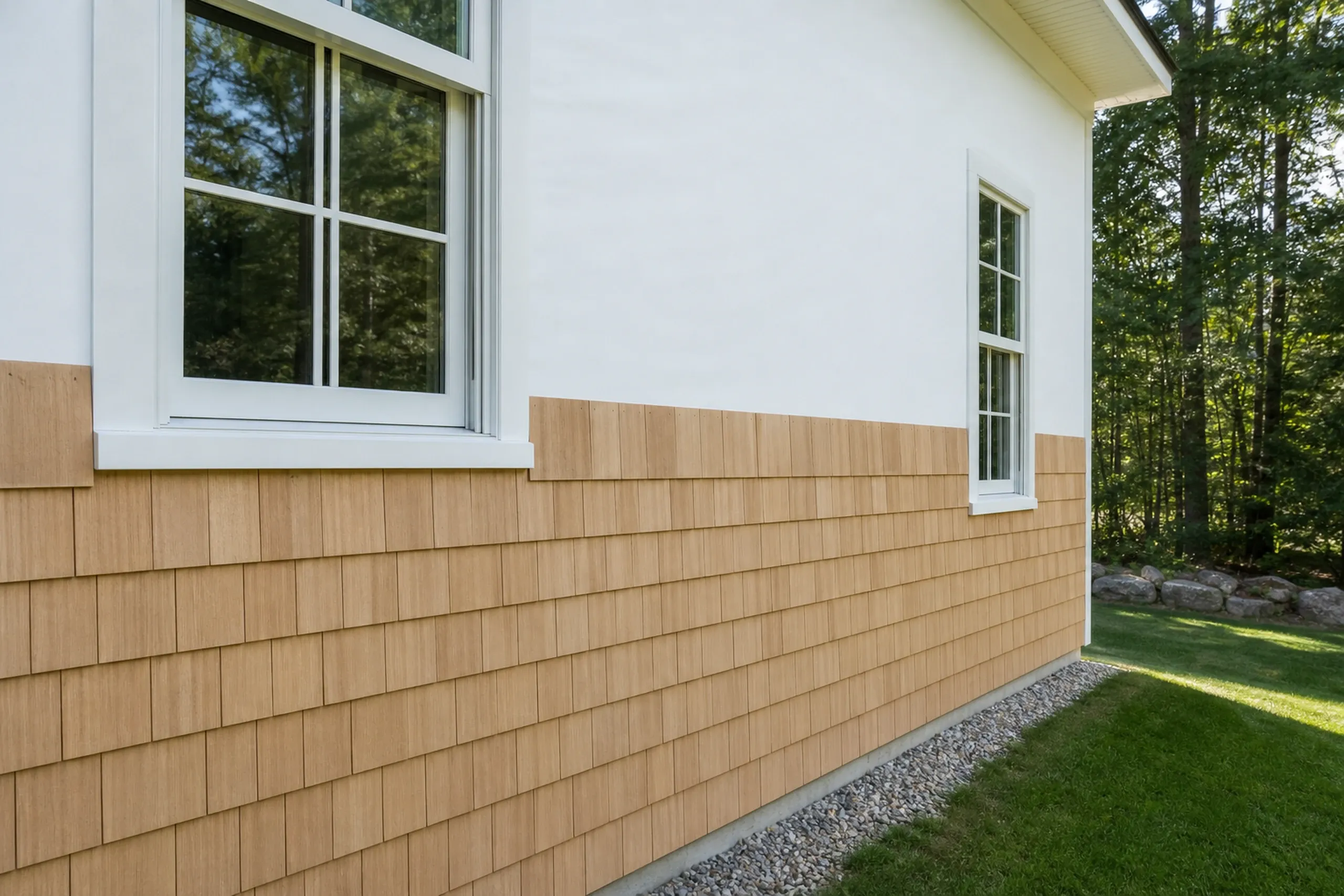 Cedar shingle courses on an older Sabattus house: fresh eastern white cedar shingles going up course by course over plain housewrap on the side wall of a two-story house, straight butt lines and a white window casing, late summer.