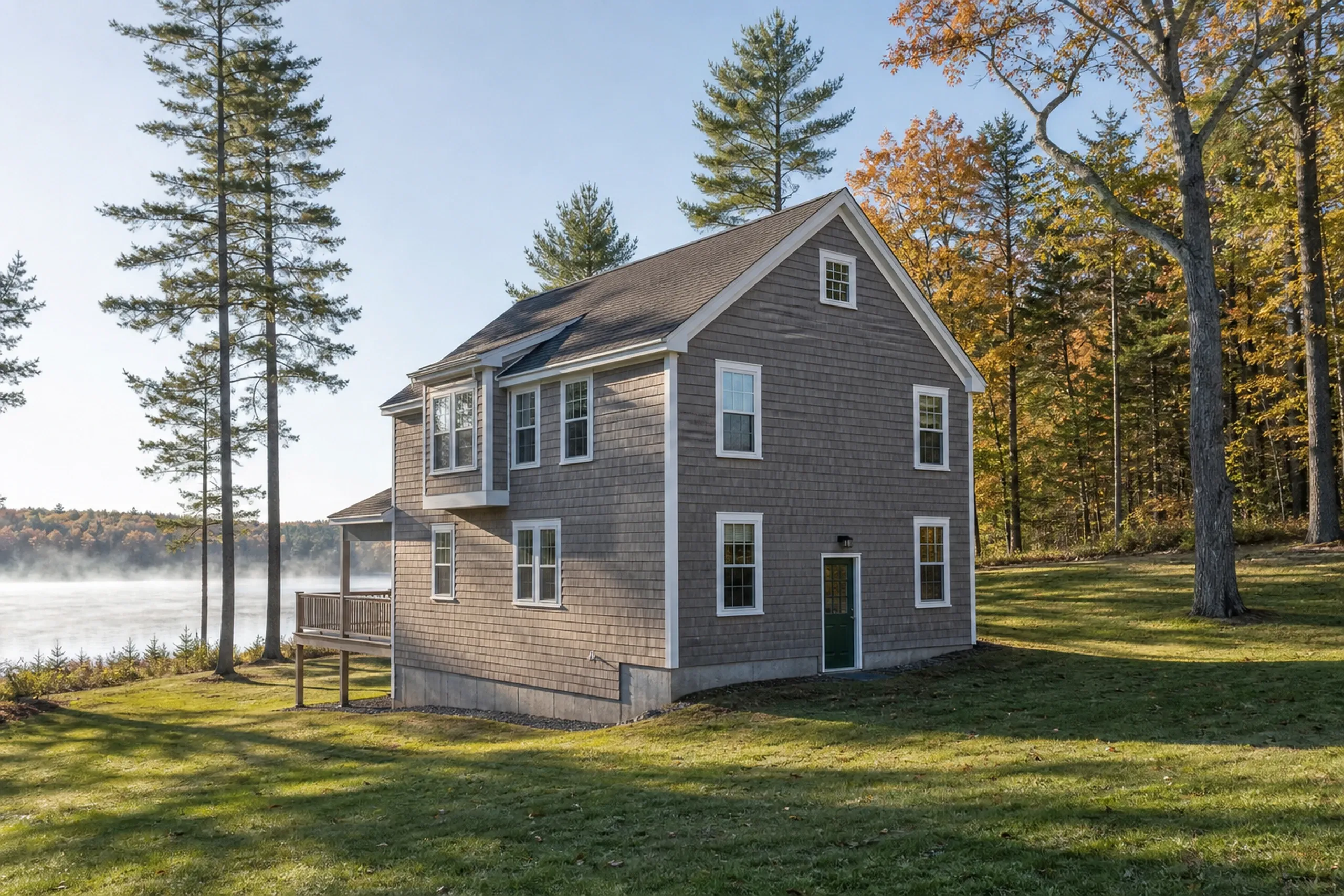 Re-sided Sabattus Pond house in October: A re-sided year-round house above Sabattus Pond, cedar shingles stained soft gray-brown with white trim and a green door, white pines and oaks on the slope, a sliver of calm water beyond and a thin morning mist, cool clear October morning light.