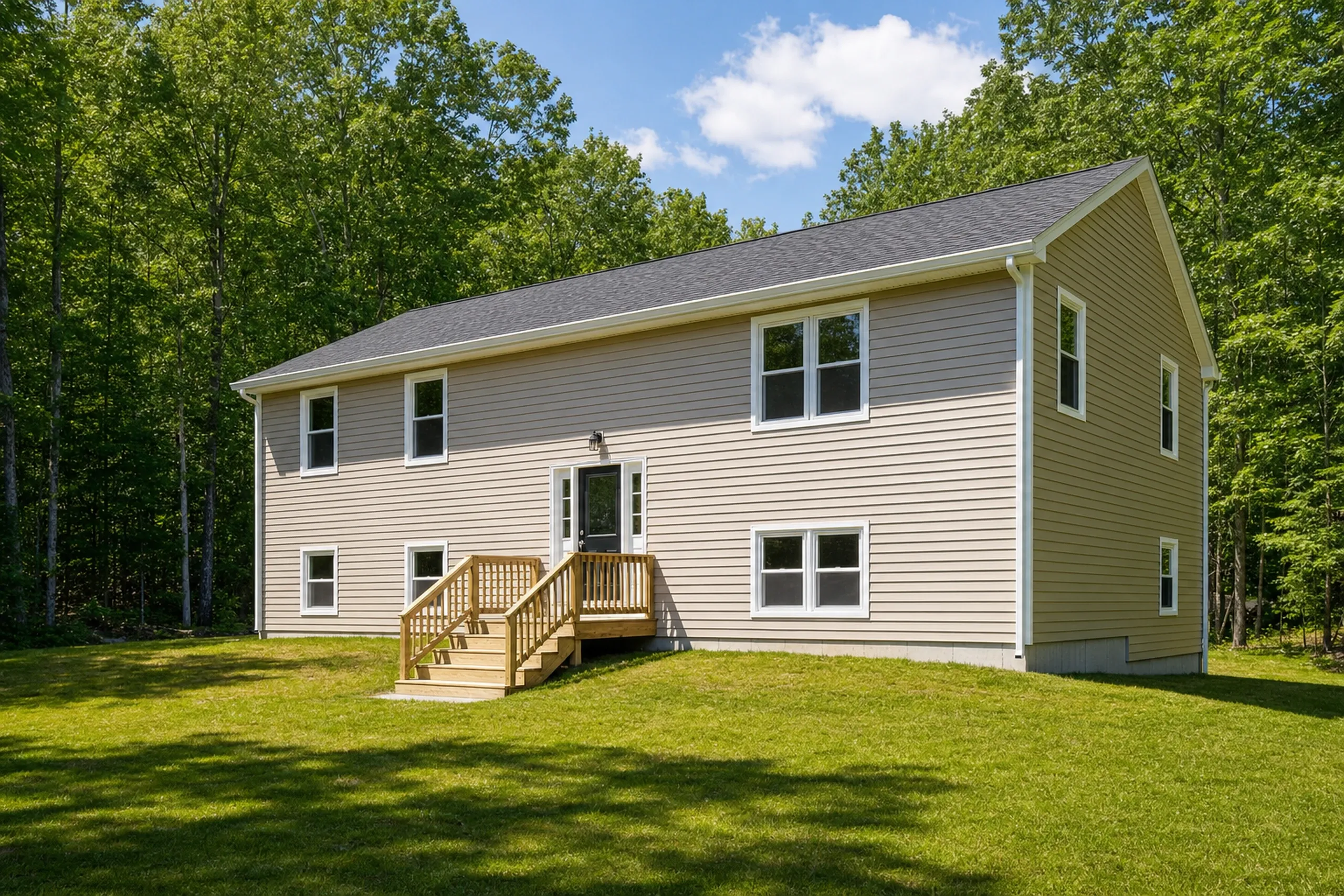 Siding replacement in Sabattus, ME: a 1980s raised ranch on a wooded lot finished in new clay-beige vinyl lap siding with crisp white trim and corner posts, a wood front stoop and a mowed lawn, early summer.