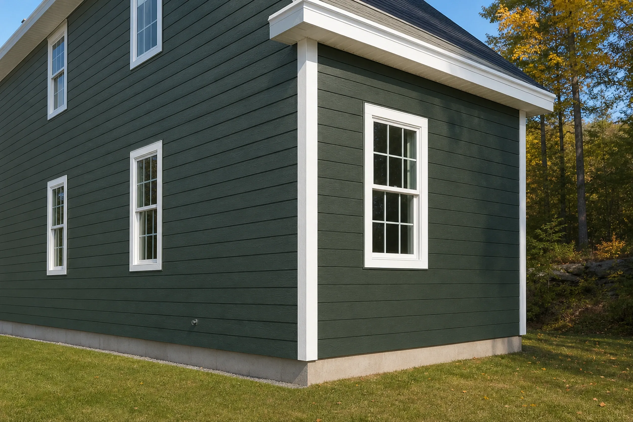 LP lap siding on a Sabattus colonial: close view of painted engineered wood lap boards in deep green meeting a white corner board and window casing on a 2000s two-story colonial, a strip of lawn below, early fall.