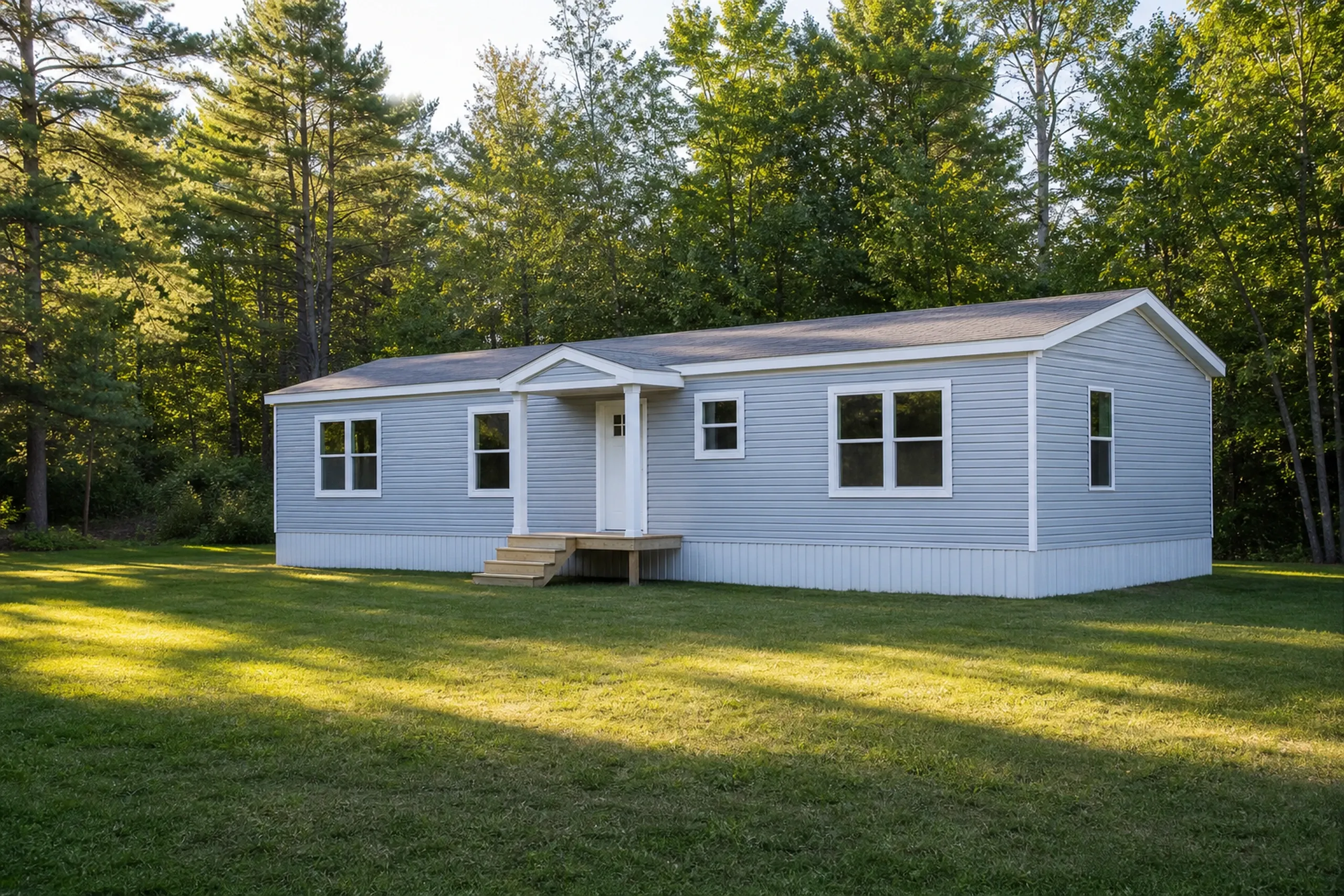 Vinyl siding on a Sabattus manufactured home: a single-wide manufactured home on a grassy wooded lot with finished pale blue-gray vinyl lap siding, white window trim and a small roofed entry porch, midsummer.