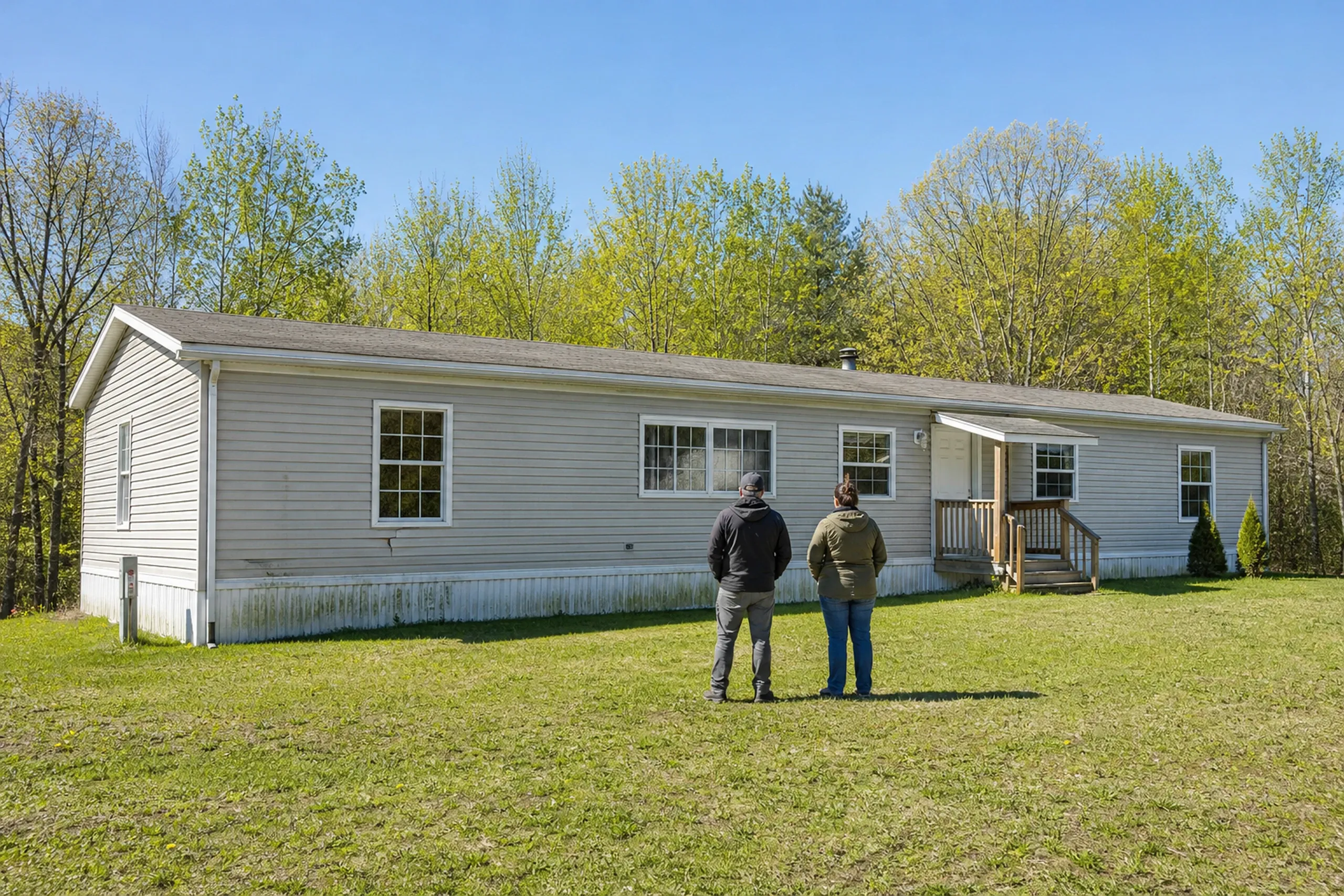 Sabattus siding first visit at a double-wide: On a clear late-spring morning, two people, a siding installer and a homeowner, seen from behind, stand on the grass beside a long double-wide manufactured home and look at old vinyl siding faded chalky pale, with one cracked panel under a window and a green stain along the skirting.