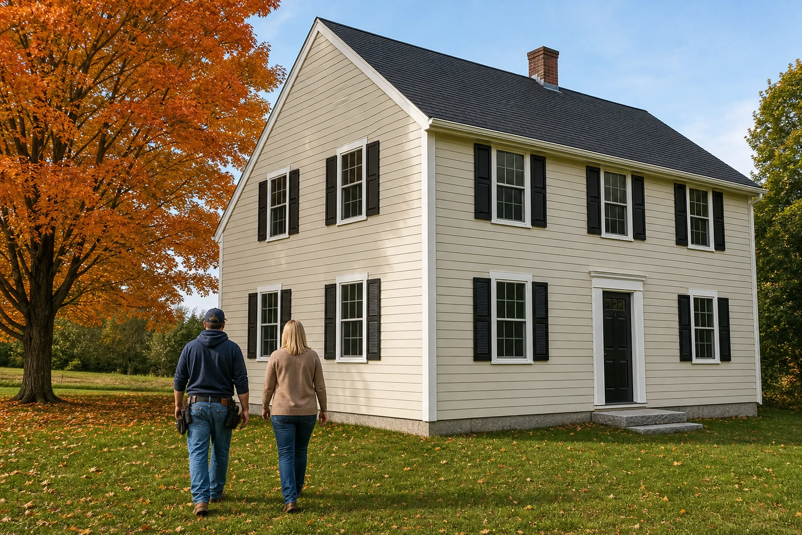Sabattus siding final walkaround at a village farmhouse: In crisp early-autumn light, two people, a siding installer and a homeowner, seen from behind, walk past the gable end of a re-sided gable-front village farmhouse finished in warm cream LP lap with black shutters and white corner boards, a mown yard and one maple turning orange.