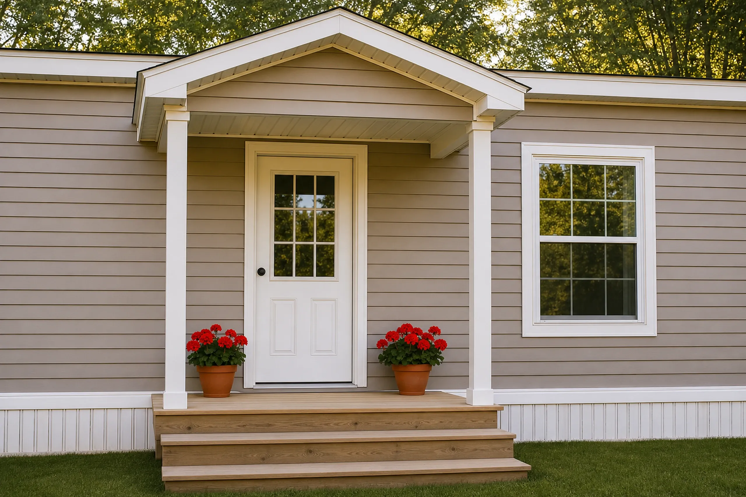 Sabattus re-sided manufactured home front entry: The front entry of a re-sided manufactured home, shot vertically, taupe vinyl lap siding around a white door under a small gabled porch cover with two white posts, white trim, a wooden landing and bright pots of red geraniums, warm late-afternoon summer light.