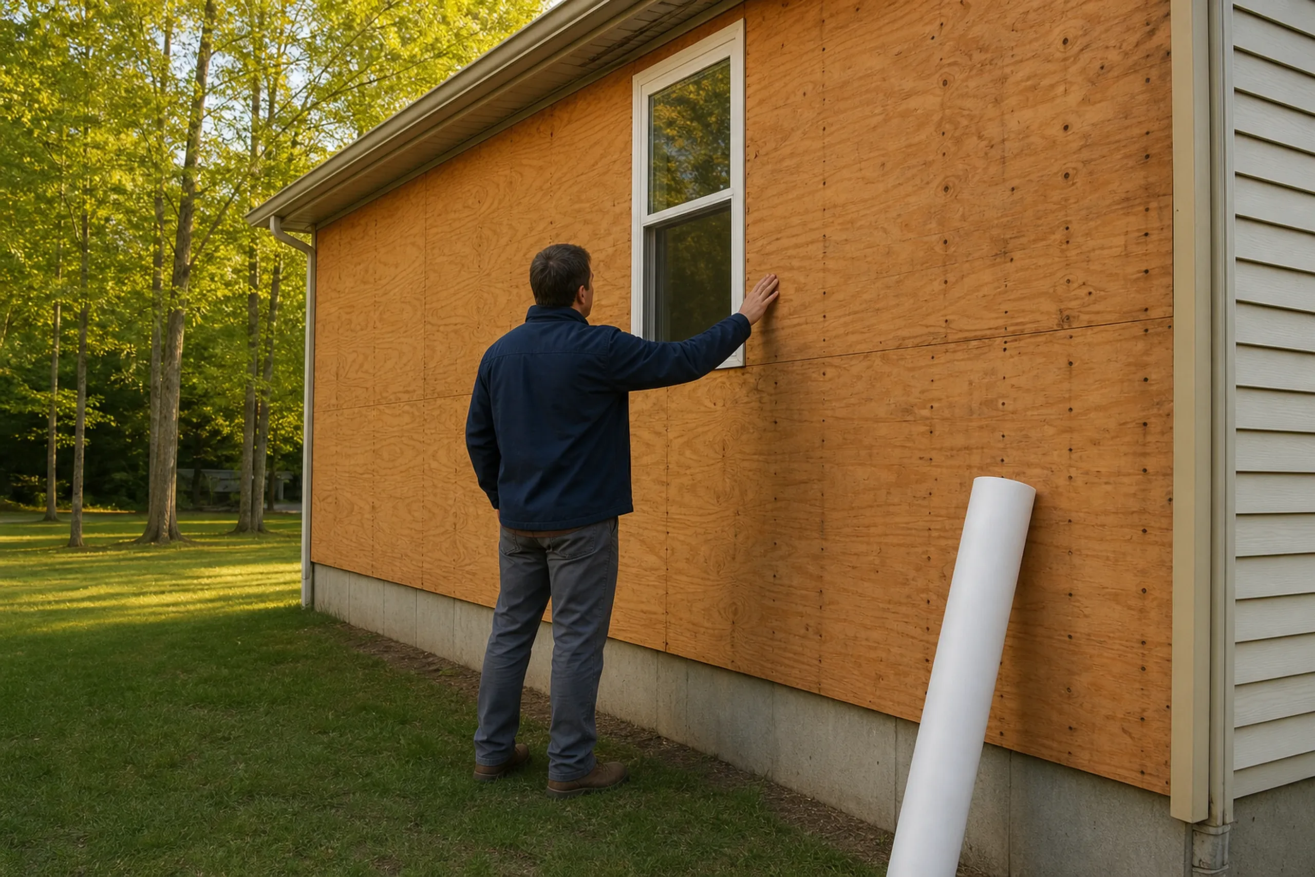 Sabattus wall inspection before re-siding: one installer seen from behind, checking the wood sheathing below a window on a ranch house whose old siding is off along one side, a roll of plain unmarked housewrap beside the wall, late spring morning.