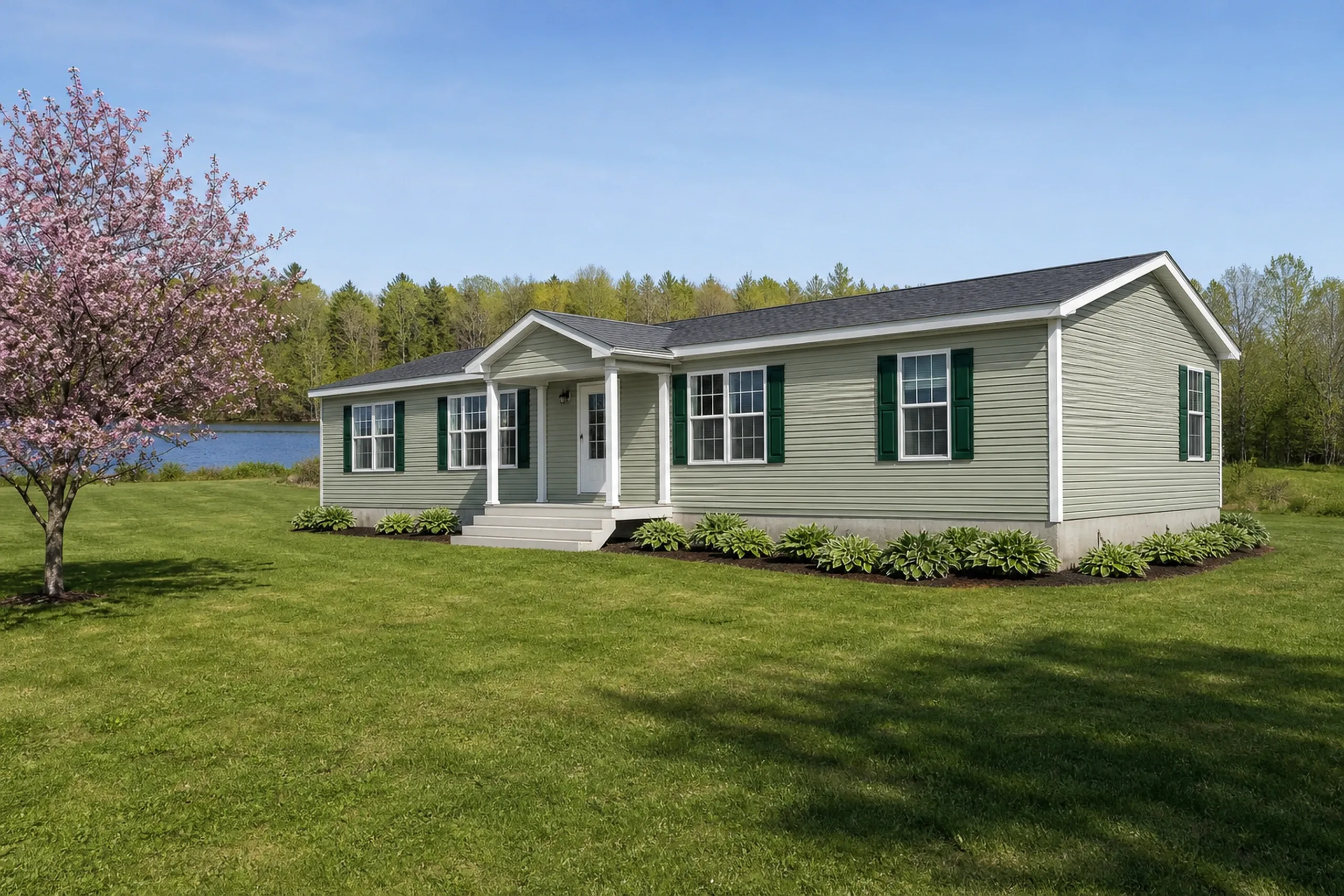 Re-sided Turner manufactured home near a river meadow: A re-sided double-wide manufactured home on a permanent foundation, pale sage vinyl lap with white corner posts and dark green shutters, a built-out front entry, hostas, a flowering crabapple and a green meadow sloping toward alders along a river, clear late-spring morning light.