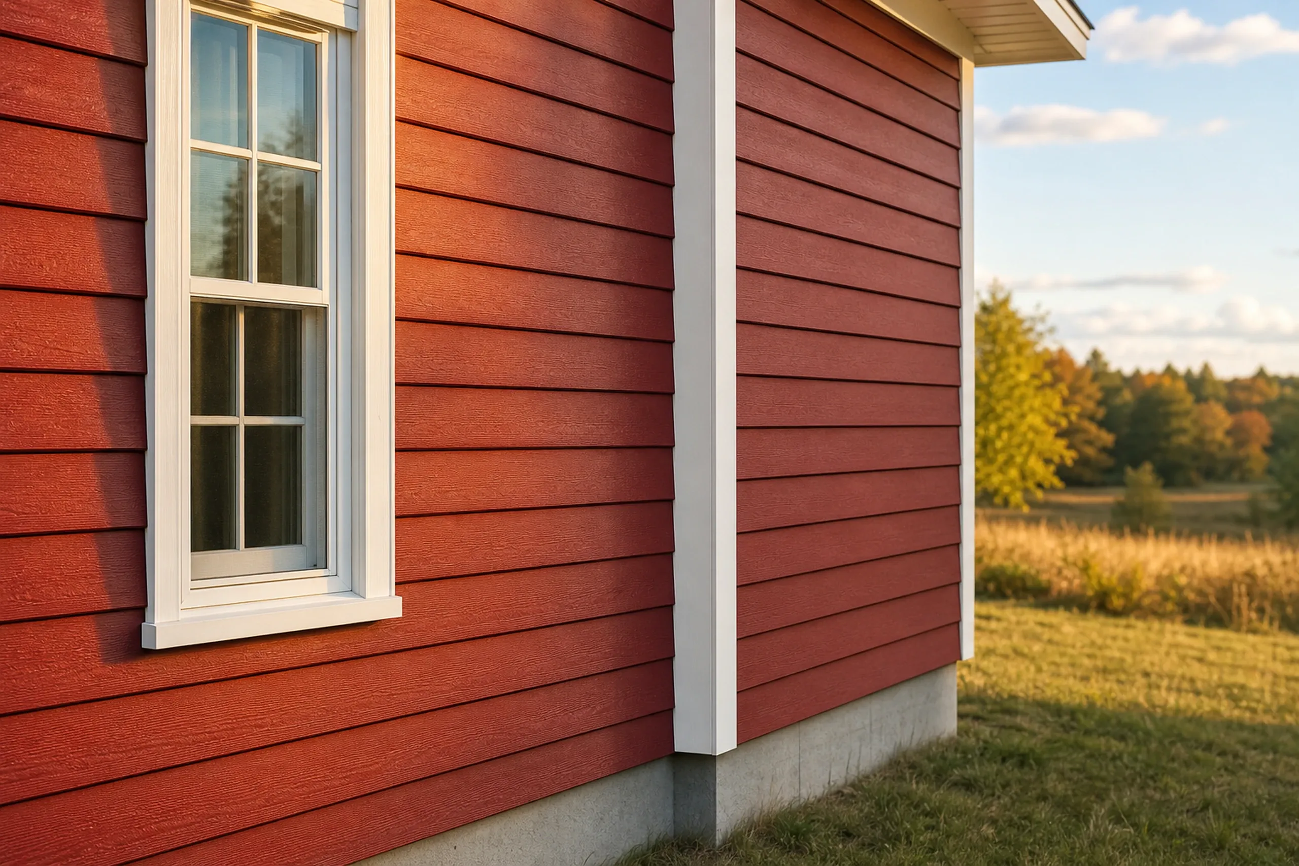 LP lap siding on a Turner farmhouse: close view of a farmhouse corner where freshly painted barn red LP SmartSide lap boards meet a wide white corner board, the bottom course held well above the grass, September.