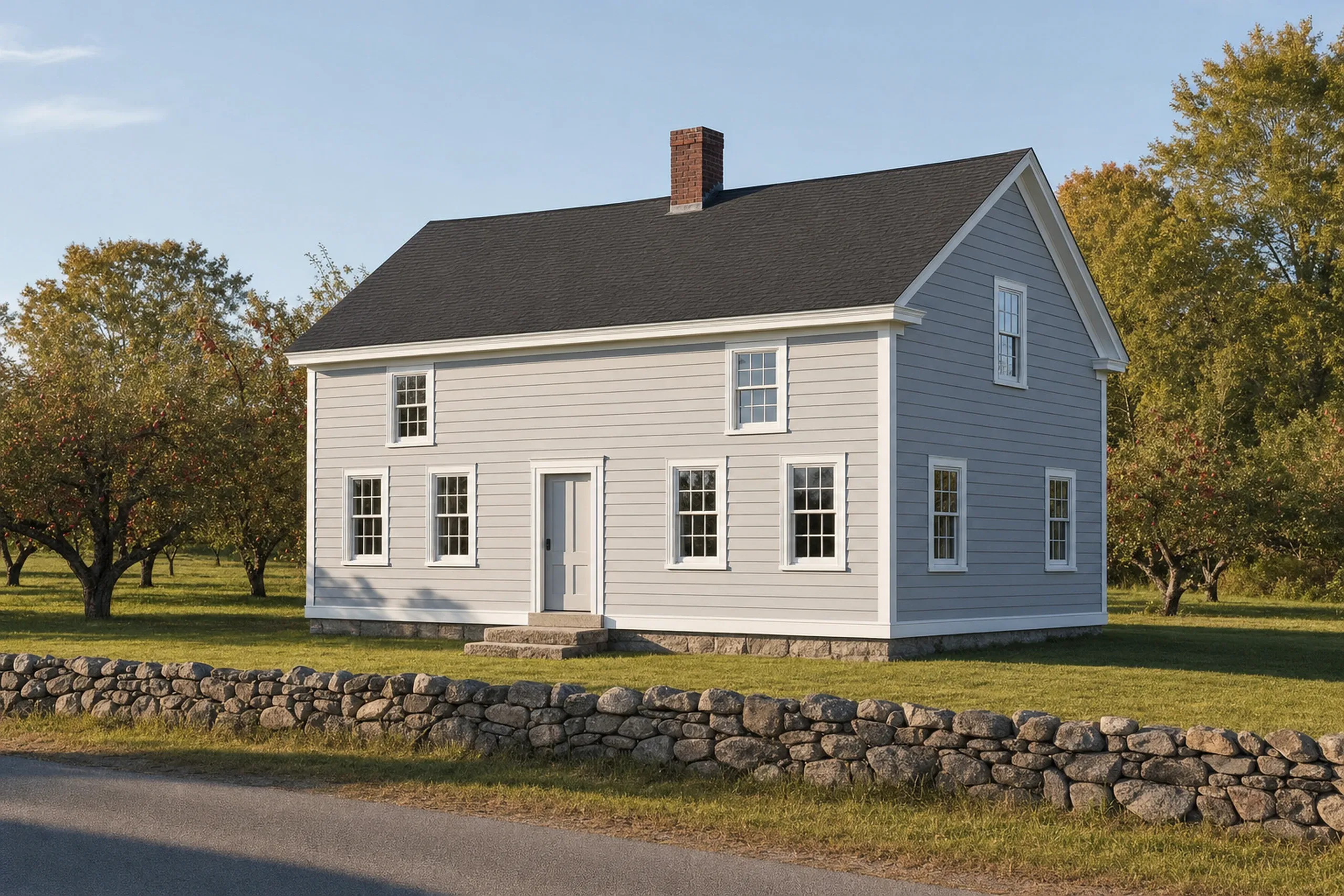 Siding replacement in Turner, ME: a white-trimmed story-and-a-half farmhouse on a rural road, finished in light gray fiber cement lap siding with crisp white corner boards and window casings, a stone wall and an apple orchard behind it, early fall.