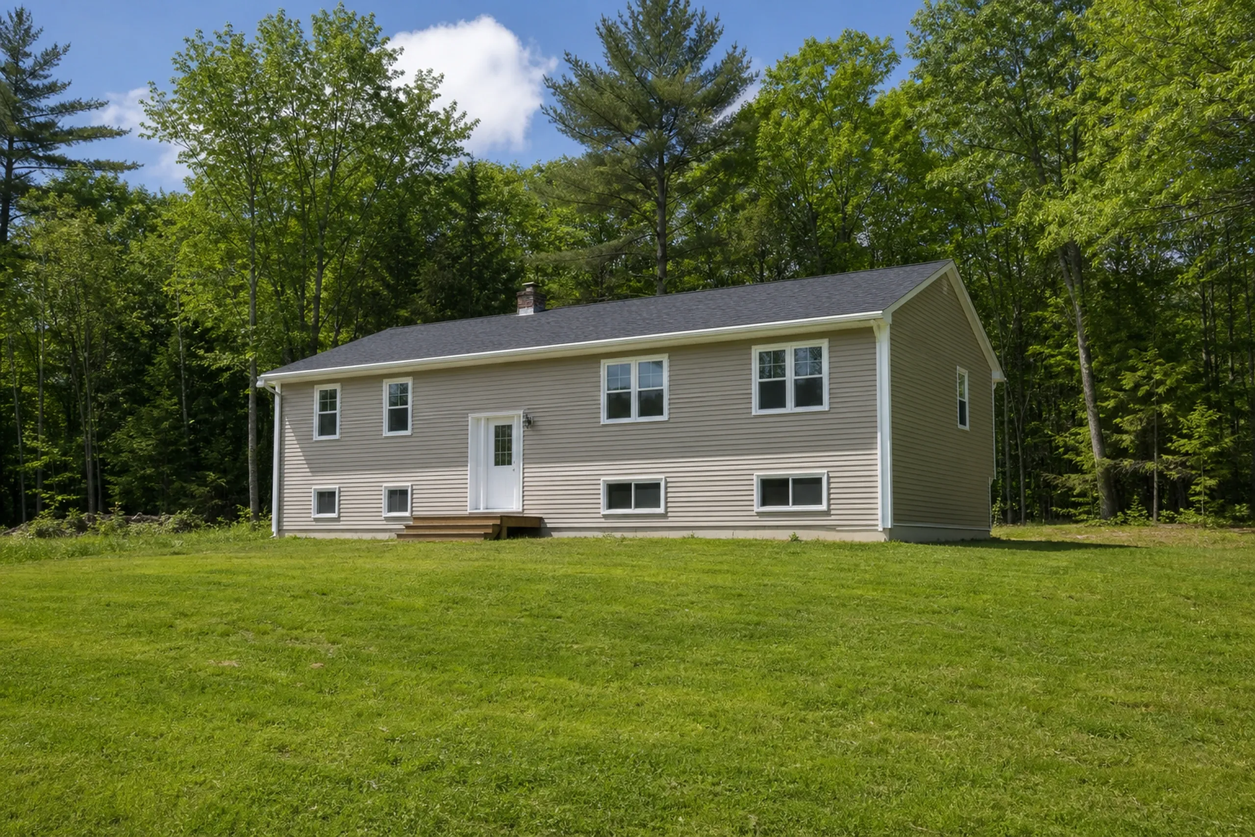 Vinyl siding on a Turner raised ranch: a 1970s raised ranch finished in clay beige vinyl lap siding with white corner posts and window trim, a wooded backdrop and a mown lawn, early summer.