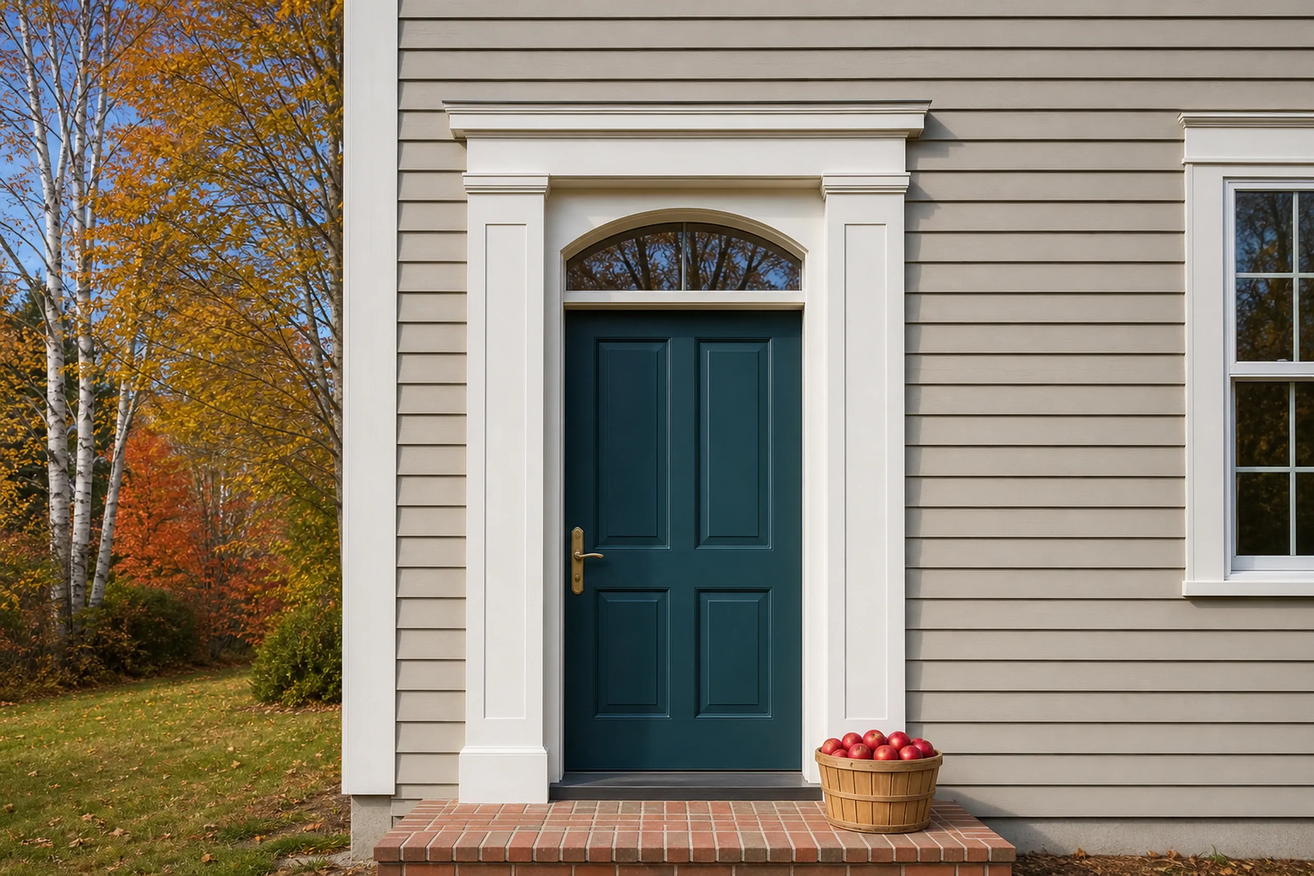 Turner re-sided village house front entry: The front entry of a re-sided Turner Center village house, warm putty fiber cement lap around a deep teal door with an arched window above it, wide white pilasters, a brick landing and a bushel basket of red apples, cool clear October morning light, framed vertically and seen straight on.