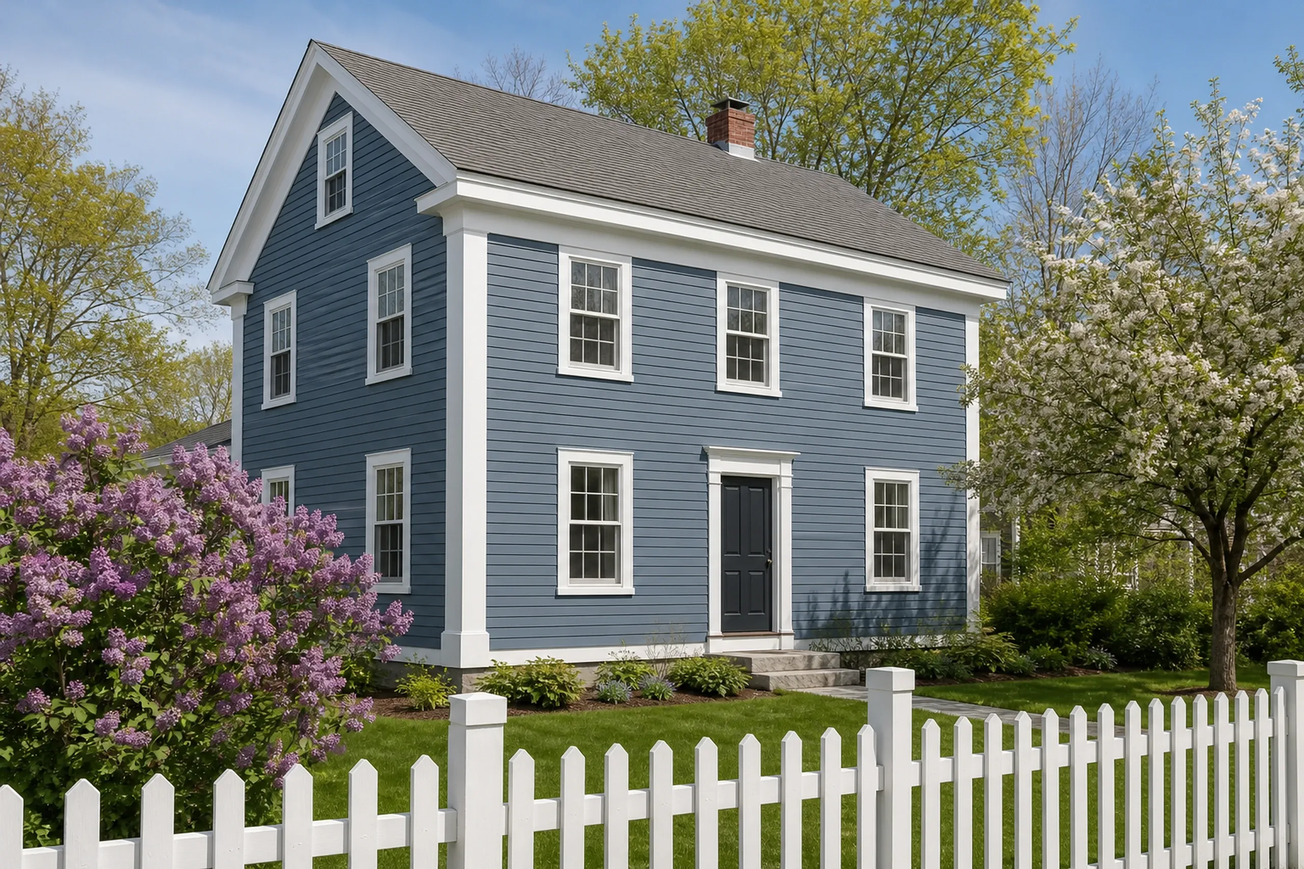 Fiber cement lap siding on a Turner Center village house: a two-story nineteenth-century house finished in slate blue fiber cement lap siding with wide white corner boards and window casings, a white picket fence in front, late spring.