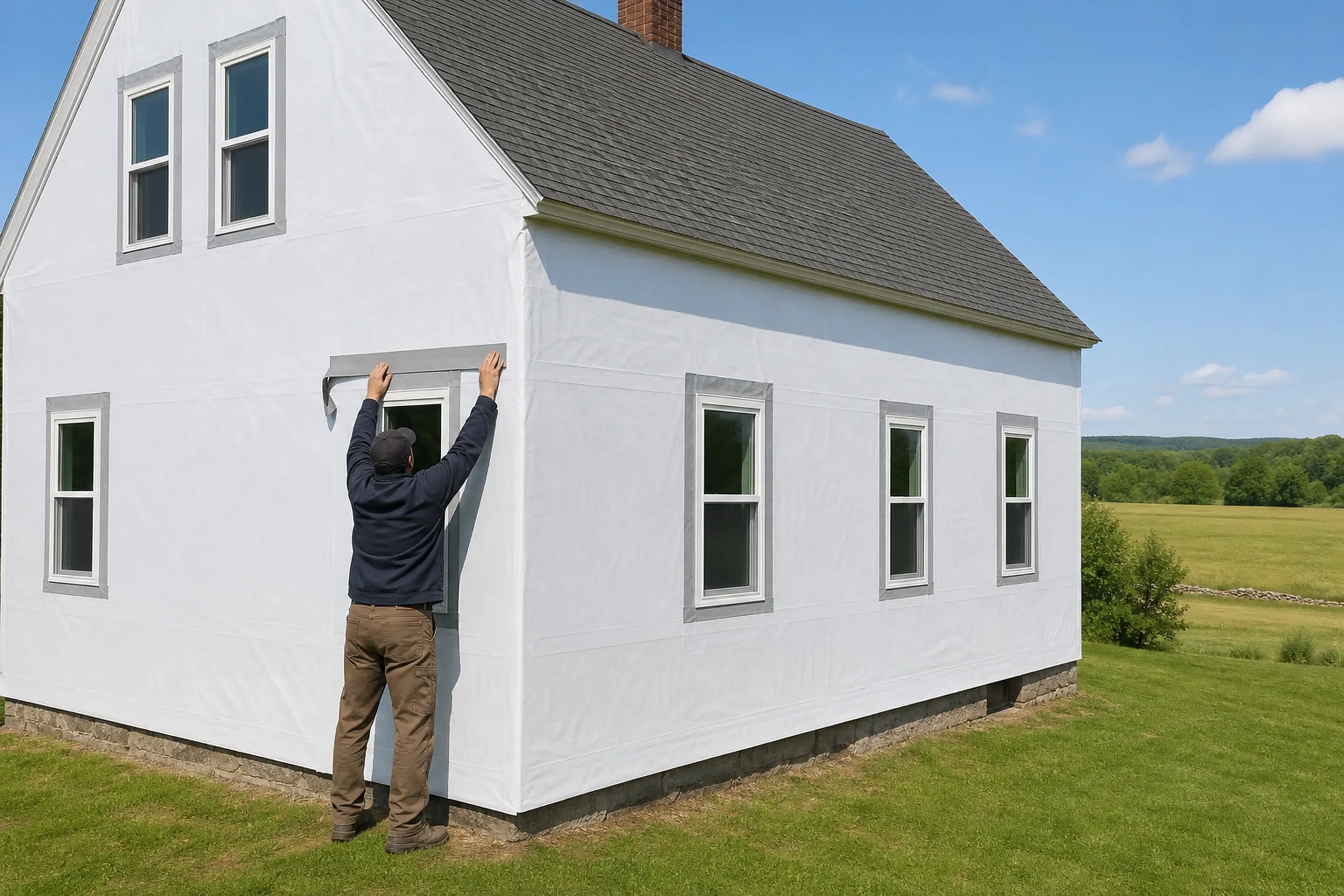 Turner window flashing stage: one installer seen from behind pressing flashing tape across the head of a window on a farmhouse wall stripped to sheathing and covered in plain white housewrap, open hayfields beyond, late spring.