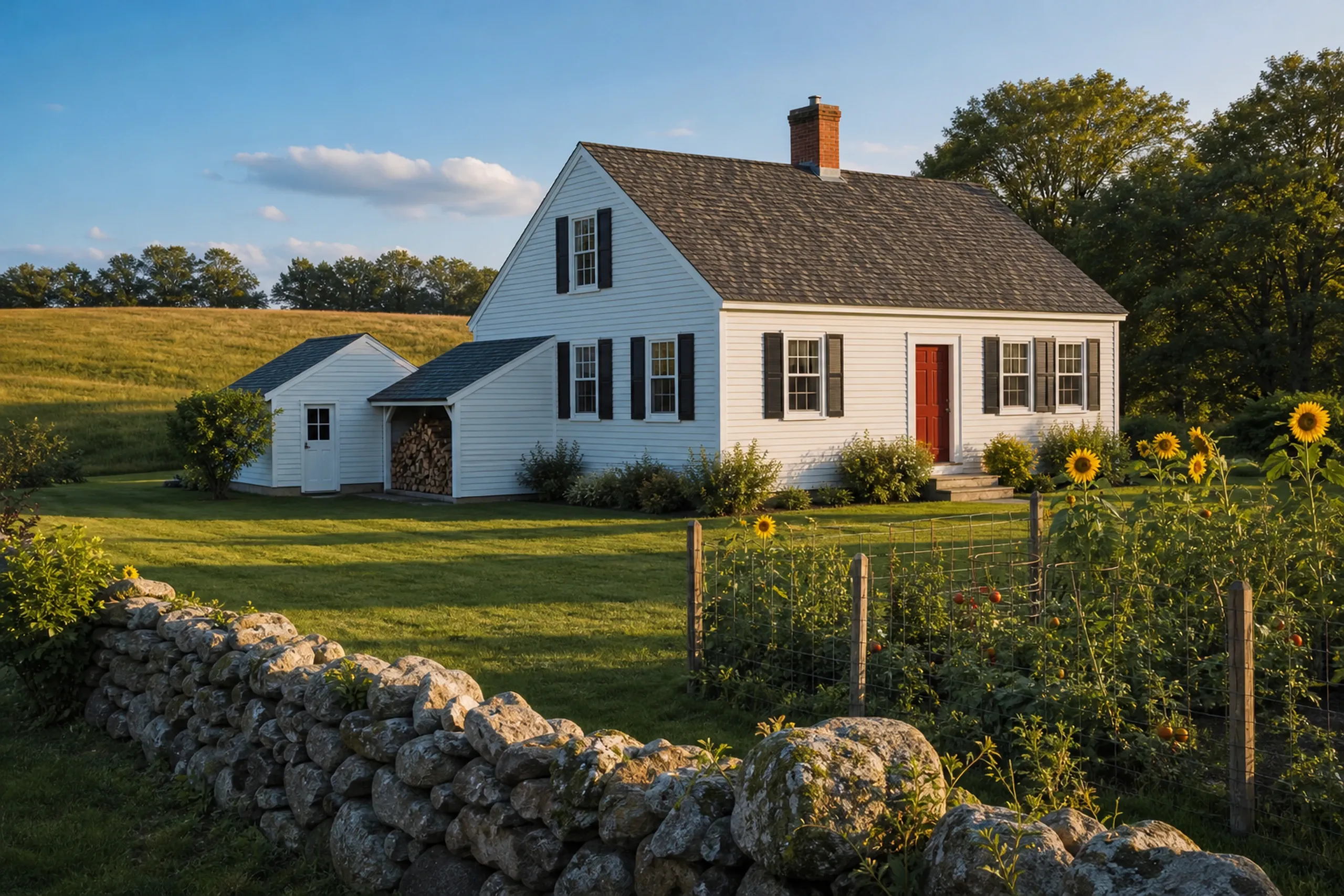 Re-sided Wales farm cape with a vegetable garden: A re-sided farm cape with a connected woodshed, finished in white vinyl lap with black shutters and a barn-red door, a fenced vegetable garden of sunflowers and tomato cages, a fieldstone wall and a hayfield behind, warm late-afternoon summer light.