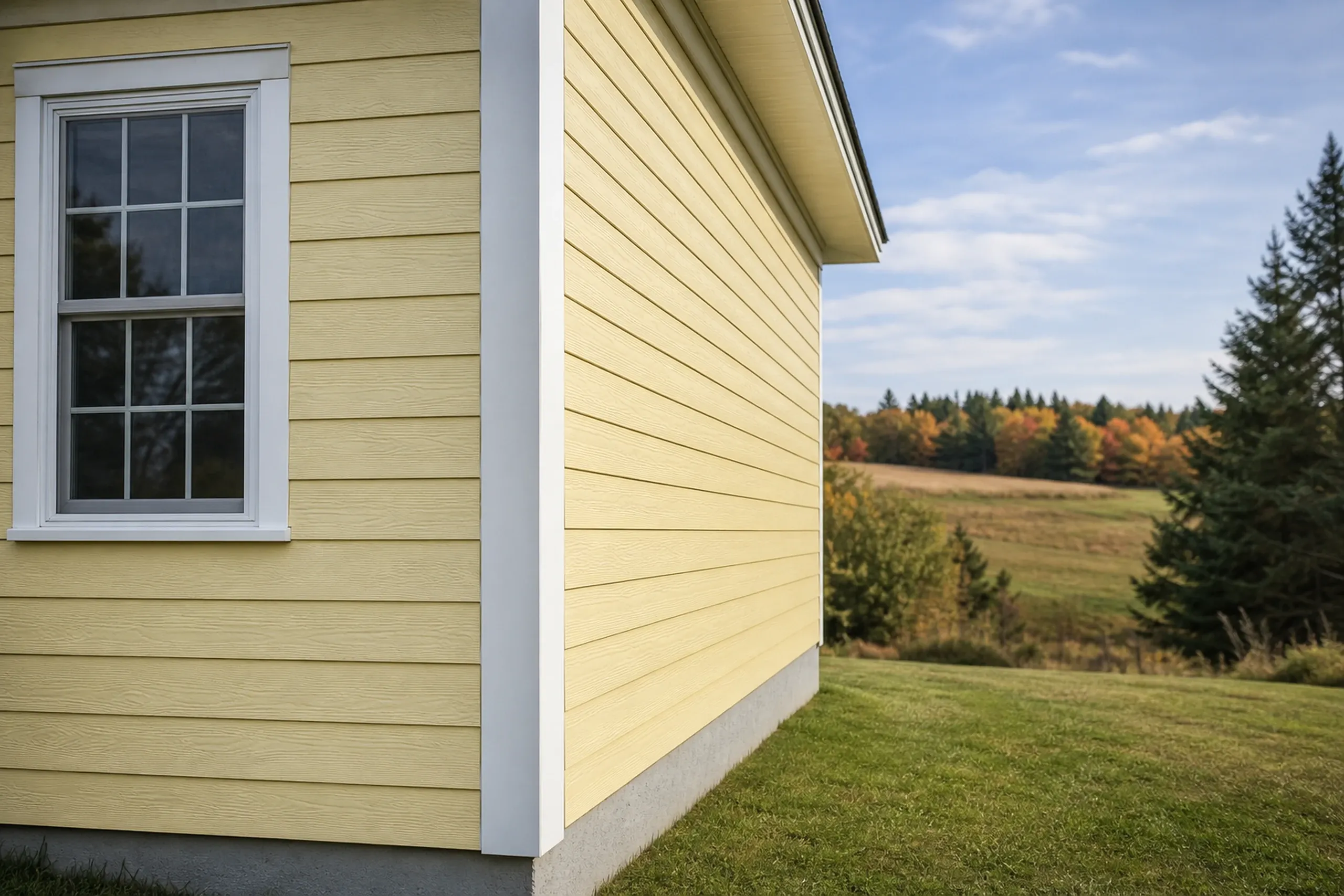 LP SmartSide on a Wales farmhouse: close view of painted pale yellow cedar-texture engineered wood lap at a farmhouse corner, a white corner board, fields beyond, early fall.