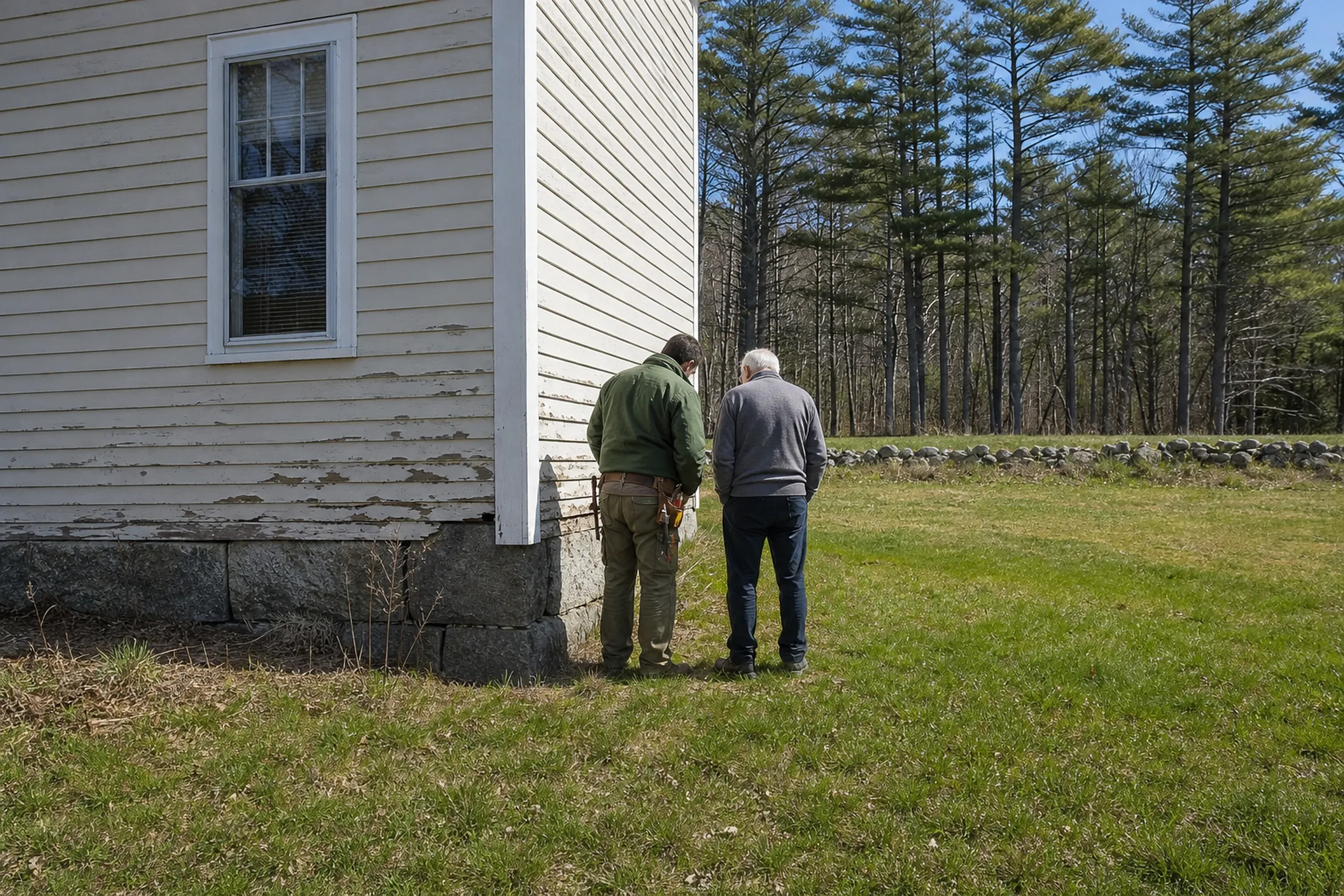Wales farmhouse wall check: two people, an installer and a homeowner, seen from behind, studying peeling clapboards near the sill at a farmhouse corner, a field beyond, spring.