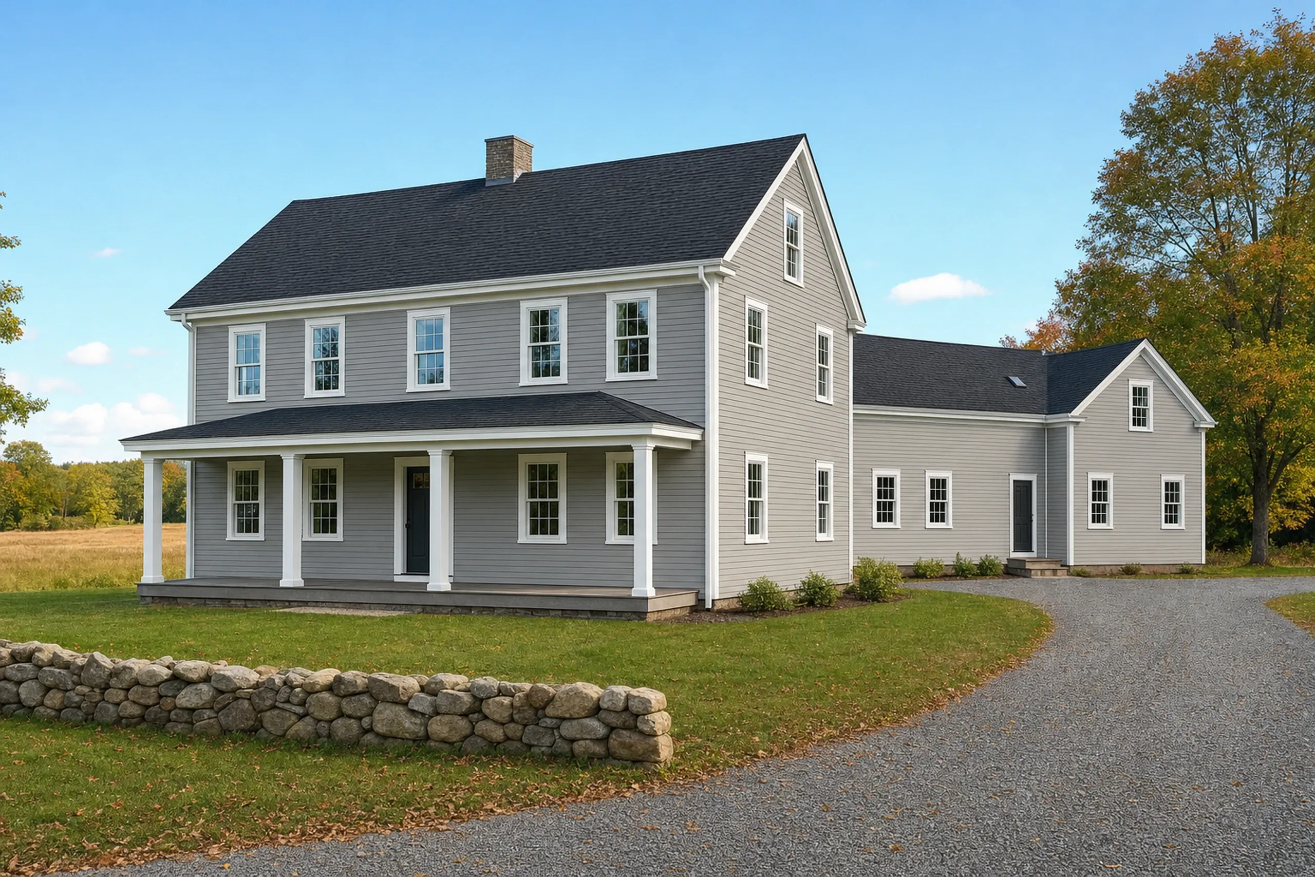 Siding replacement in Wales, ME: a two-story farmhouse with a connected ell on an open lot, finished warm gray vinyl lap siding, crisp white trim and corner boards, early fall.