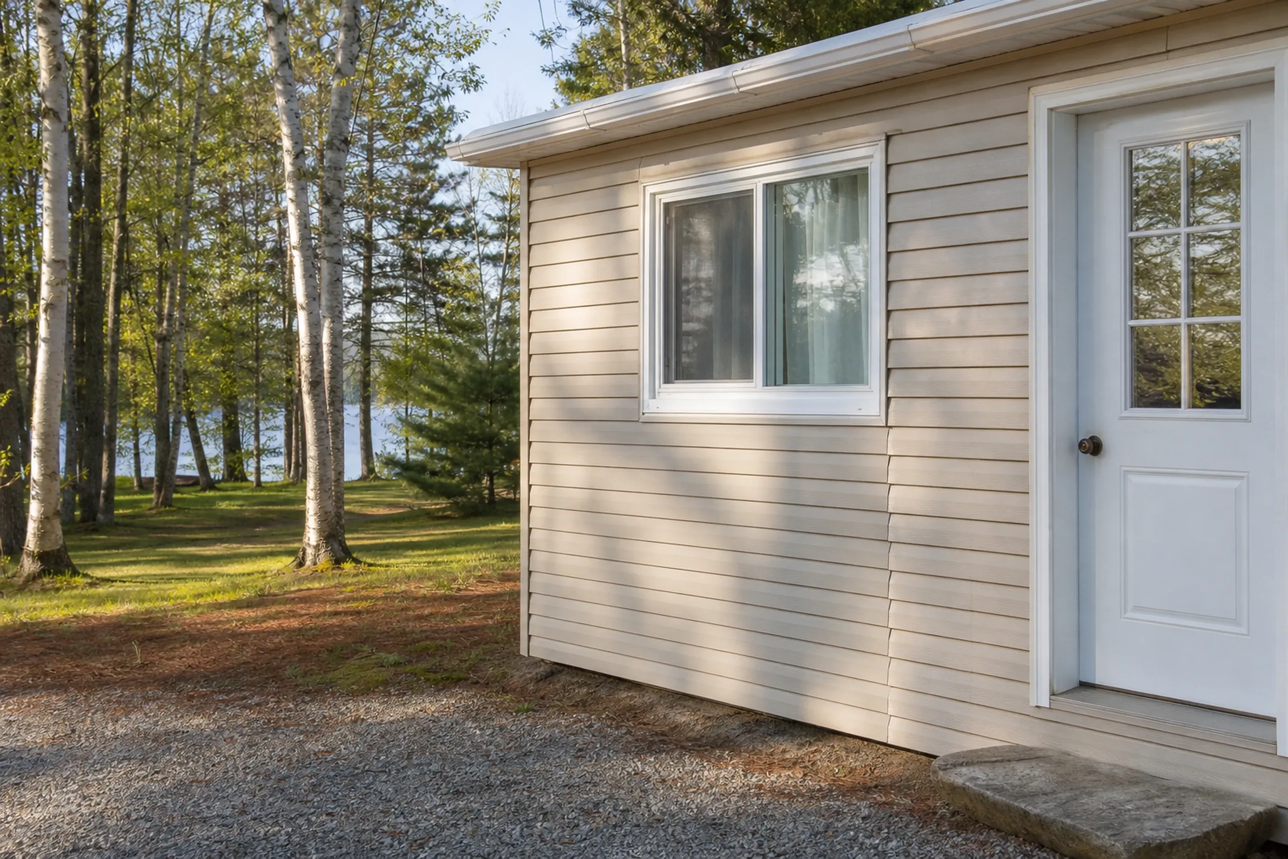 Siding repair on a Sabattus Pond camp in Wales: a newly replaced section of tan vinyl blended into the older wall beside a window, birches and a hint of water, late spring.