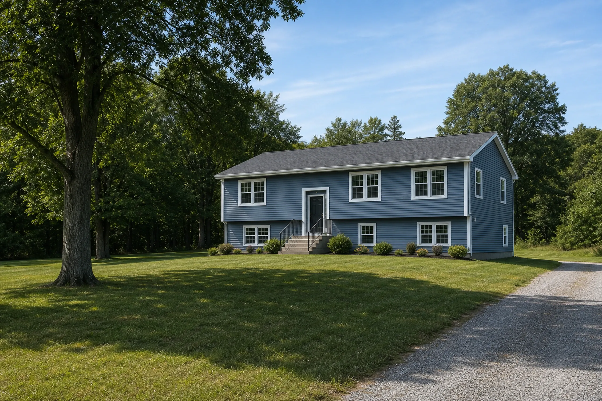Vinyl siding on a Wales raised ranch: a 1970s raised ranch with finished slate blue vinyl lap siding, white trim and corner posts, a wide lawn and oaks, summer.