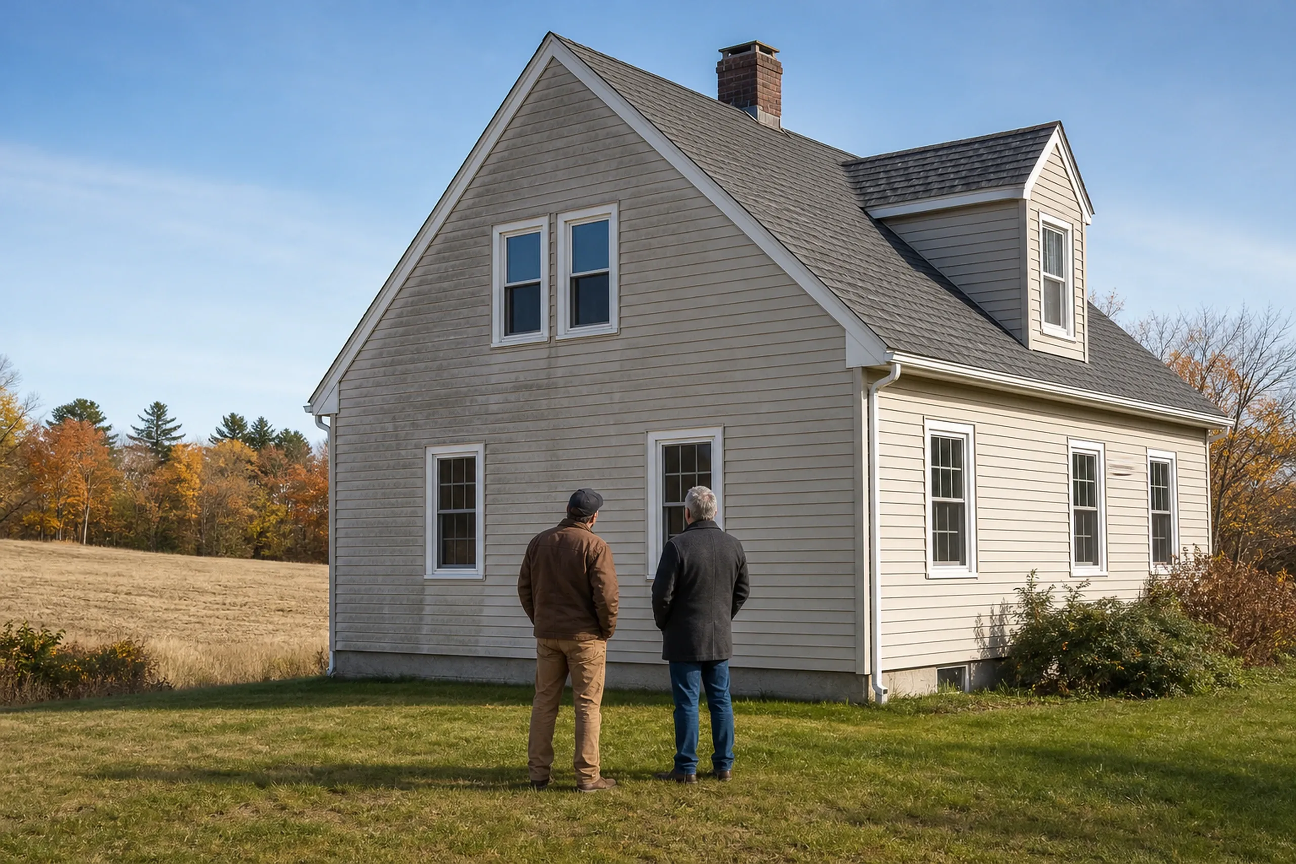 Wales siding first visit at a 1970s cape: On a cool clear October morning, two people, a siding installer and a homeowner, seen from behind, stand in the side yard of a 1970s Wales cape and look at old brittle vinyl siding with hairline cracks above each window, a faded north wall and a cut hayfield beyond.
