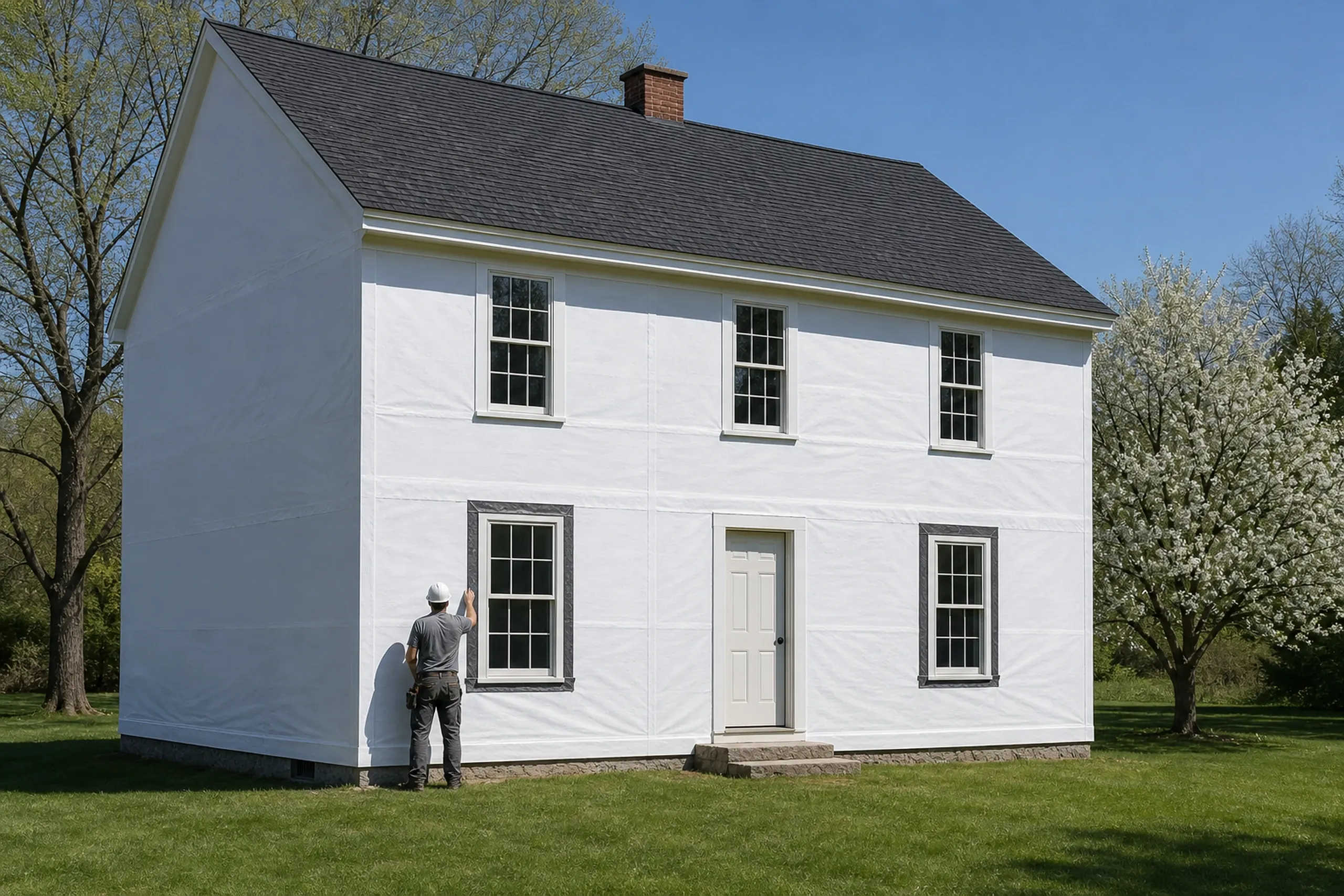 Wales colonial housewrap and window flashing stage: A 1980s Wales colonial wall in-progress at the housewrap and window flashing stage, plain white housewrap pulled taut with taped seams, flashing tape sealed around two tall windows, one worker seen from behind at a distance, a blossoming apple tree beyond, clear late-spring morning light.