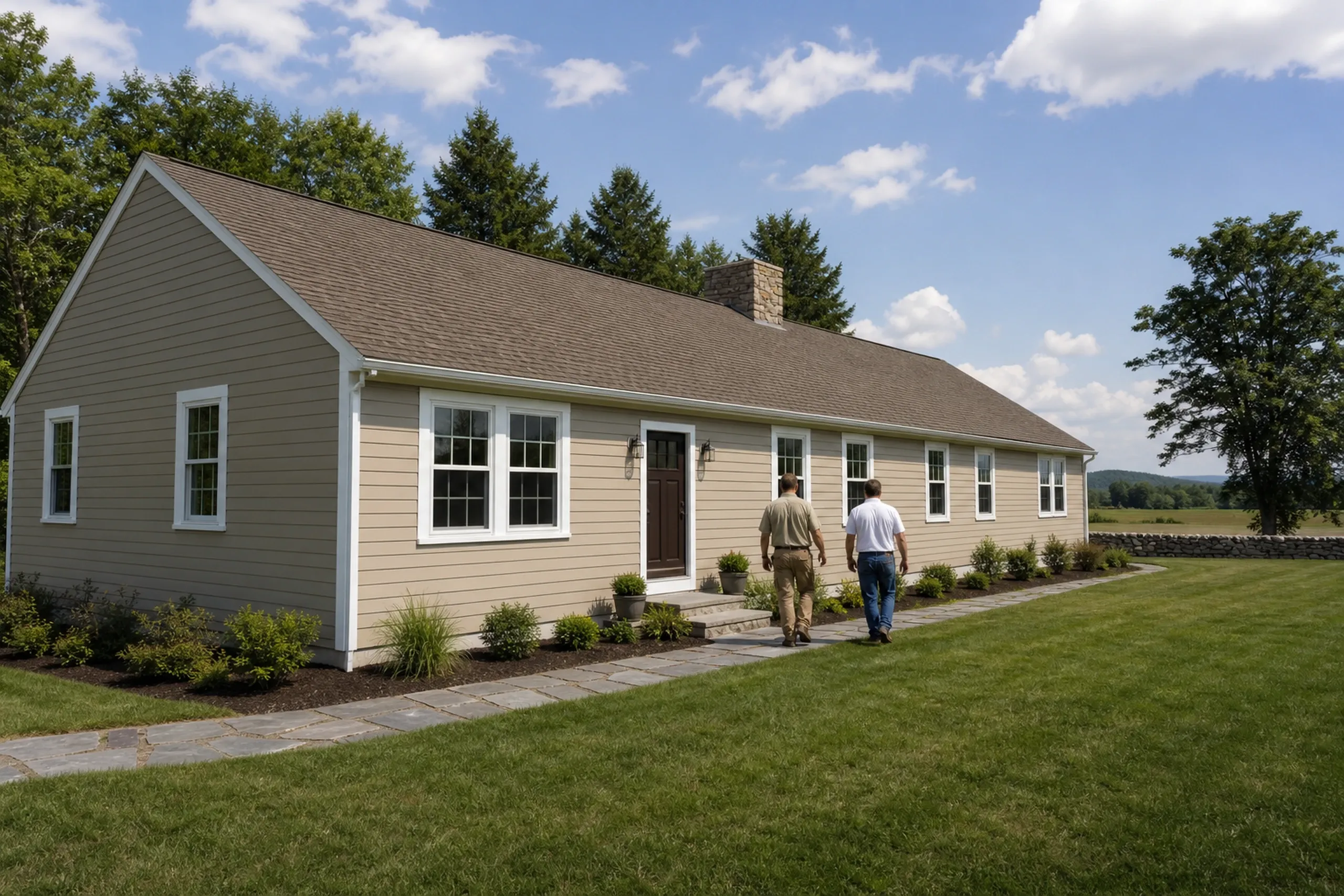 Wales siding final walkaround at a ranch: In bright early-summer afternoon light, two people, a siding installer and a homeowner, seen from behind, walk along the front of a re-sided long ranch house finished in pale clay-beige fiber cement lap with white trim and a dark brown door, a wide lawn running to a stone wall and open fields.