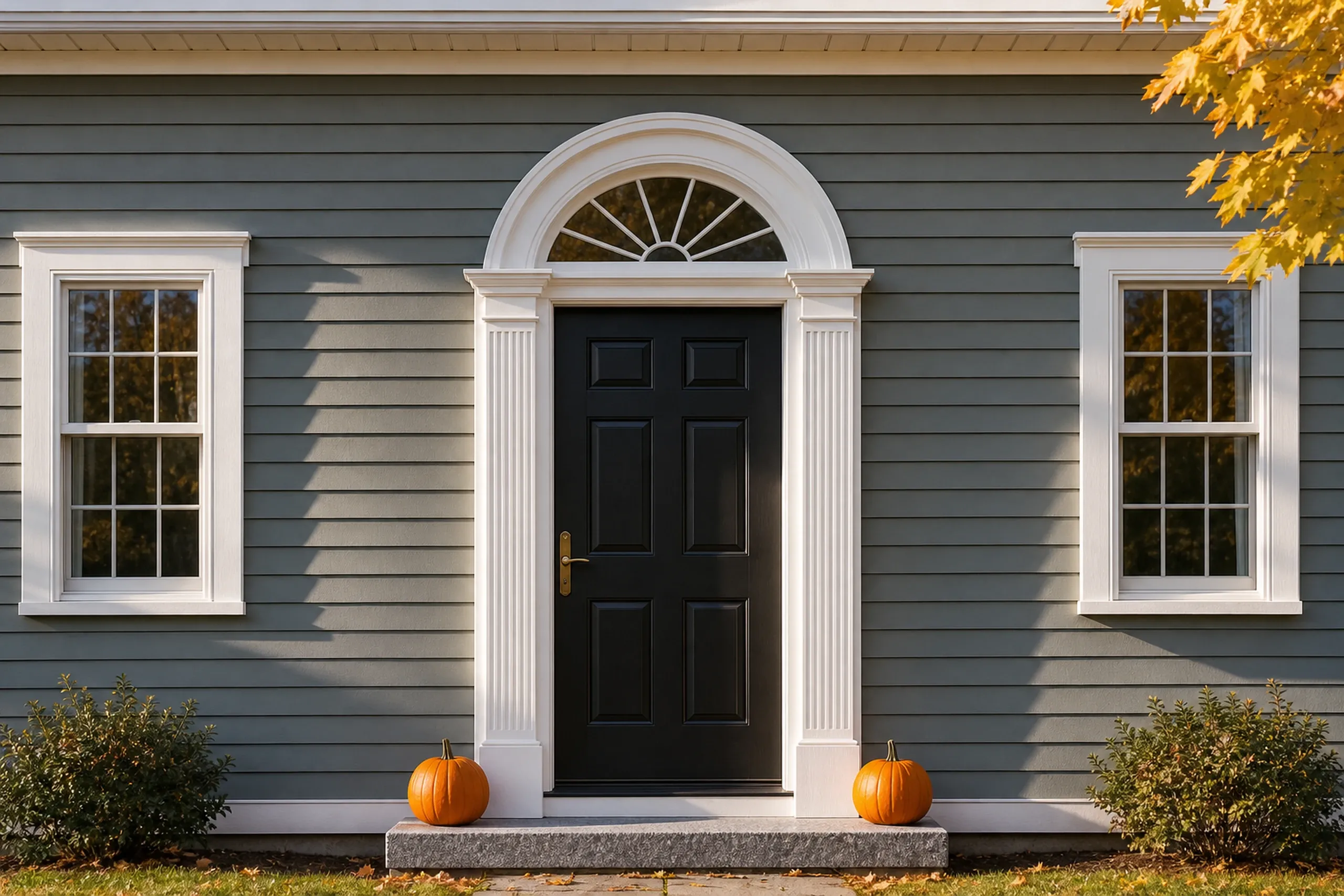 Wales re-sided colonial front entry: The front entry of a re-sided Wales center-entrance colonial, shot vertically, gray-green fiber cement lap around a black paneled door with a fanlight, white trim, a granite step and two orange pumpkins beside it, crisp early-autumn light.