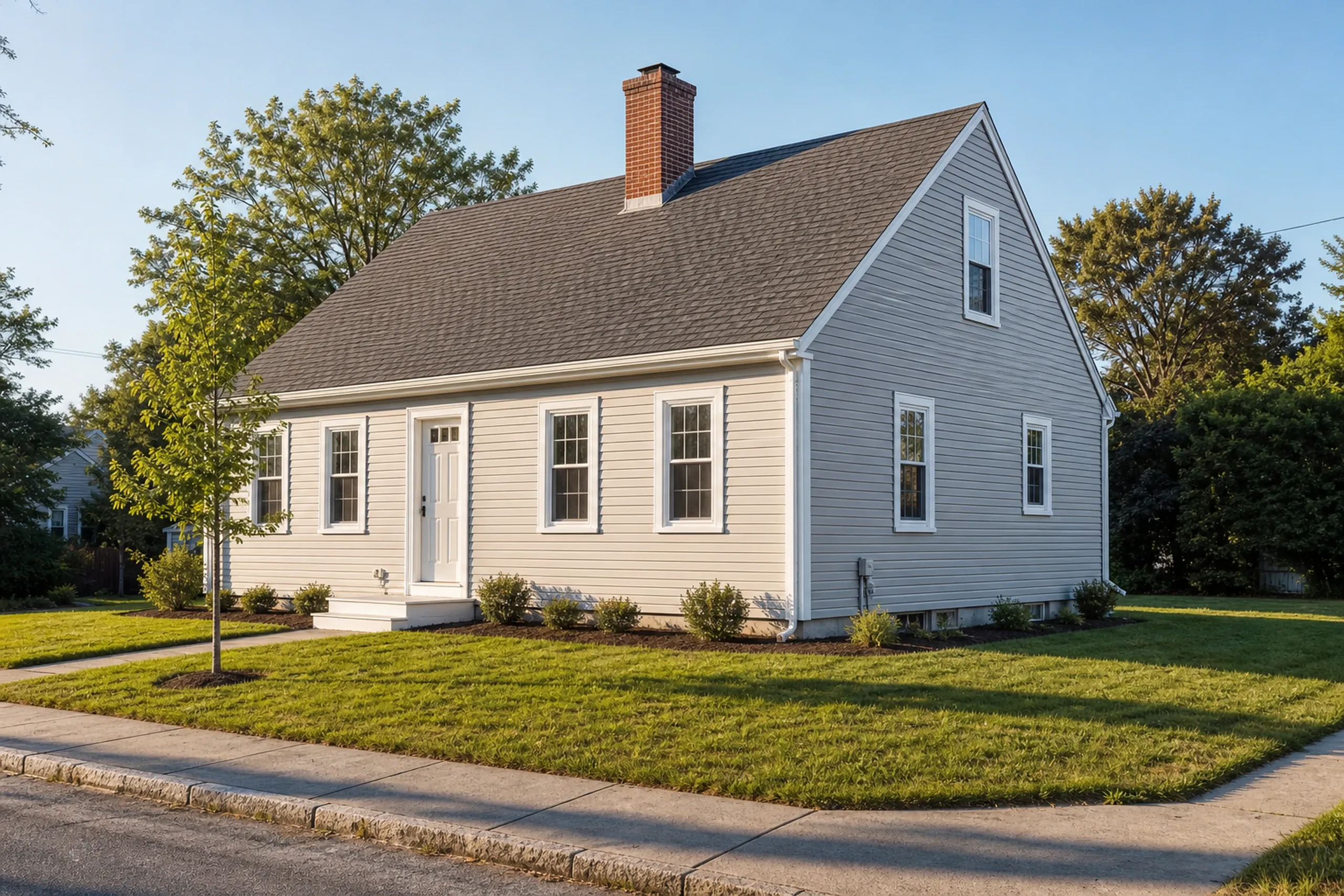 Vinyl siding replacement in the Lewiston-Auburn area: a 1950s cape on a corner lot finished in new pale gray vinyl lap siding with white corner posts, window trim and a small front stoop, early summer.