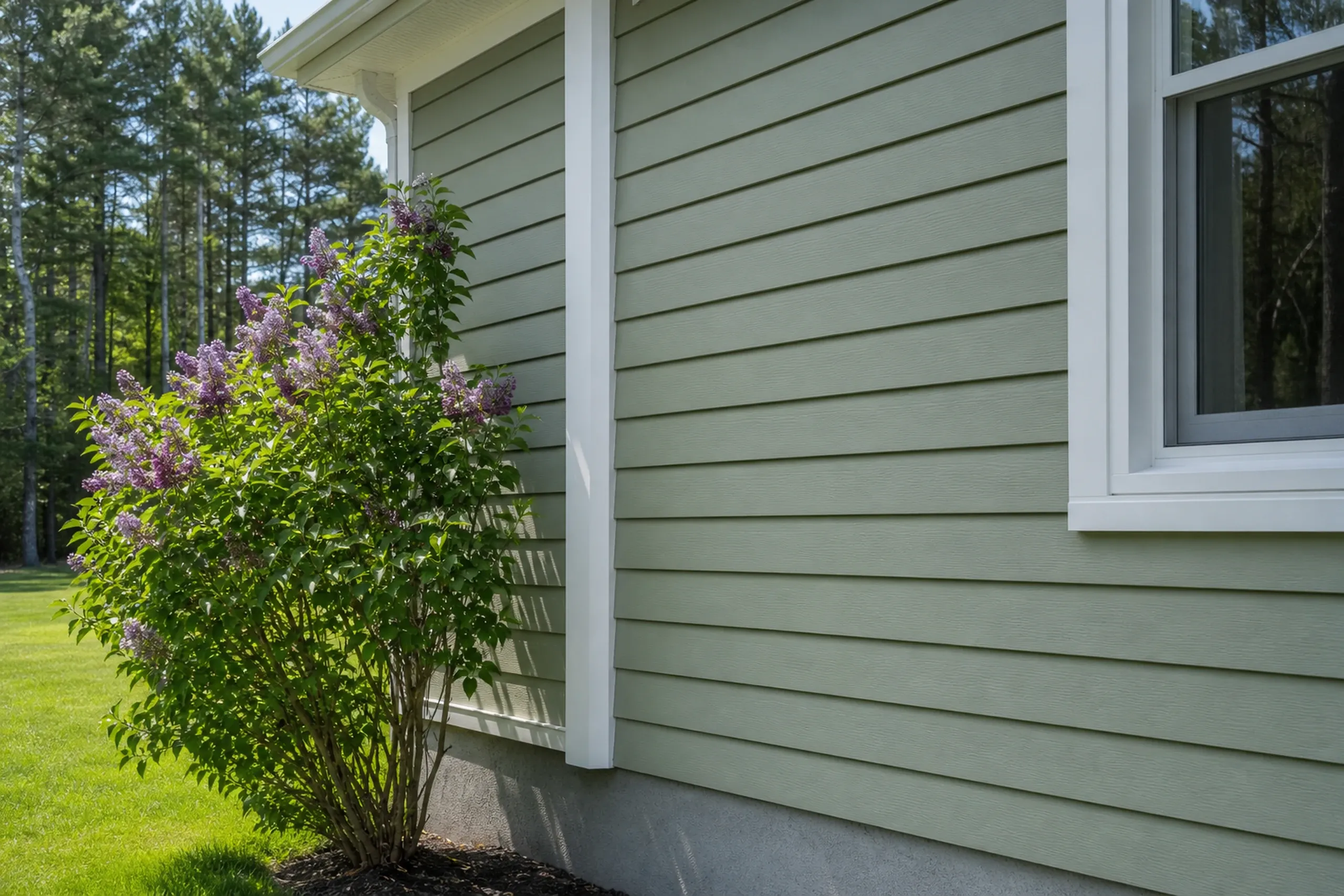 Vinyl siding close-up on a central Maine farmhouse ell: finished sage green Dutch lap vinyl panels meeting a white outside corner post, crisp even shadow lines, a lilac bush at the corner, midsummer sun.