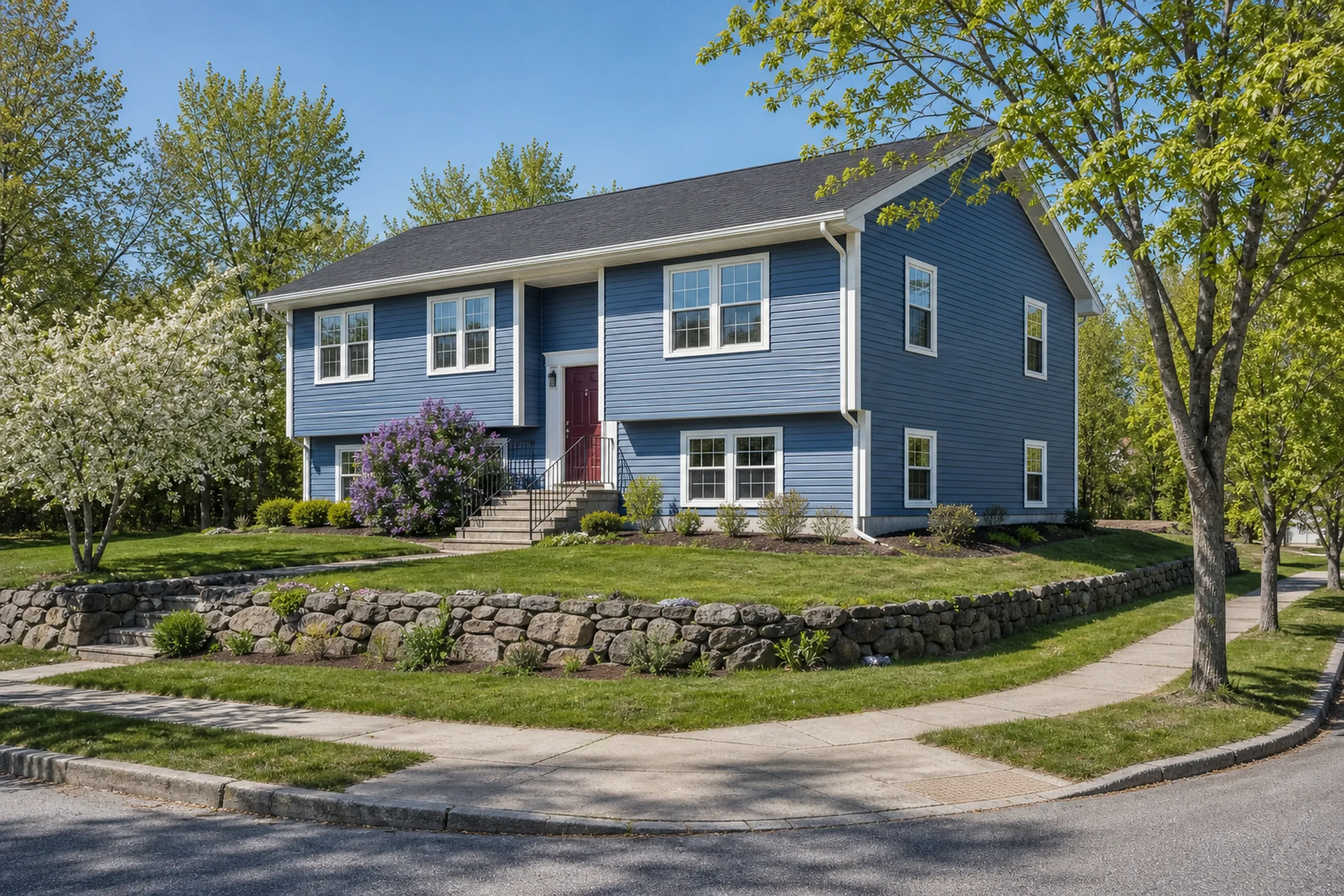 Re-sided vinyl split-level in the Lewiston-Auburn area: A re-sided 1970s split-level on a corner lot, soft blue vinyl lap siding with white corner posts, white trim and a burgundy door, a low fieldstone retaining wall, lilacs in bloom beside the walk and a flowering crabapple on the lawn, clear late-spring morning light.