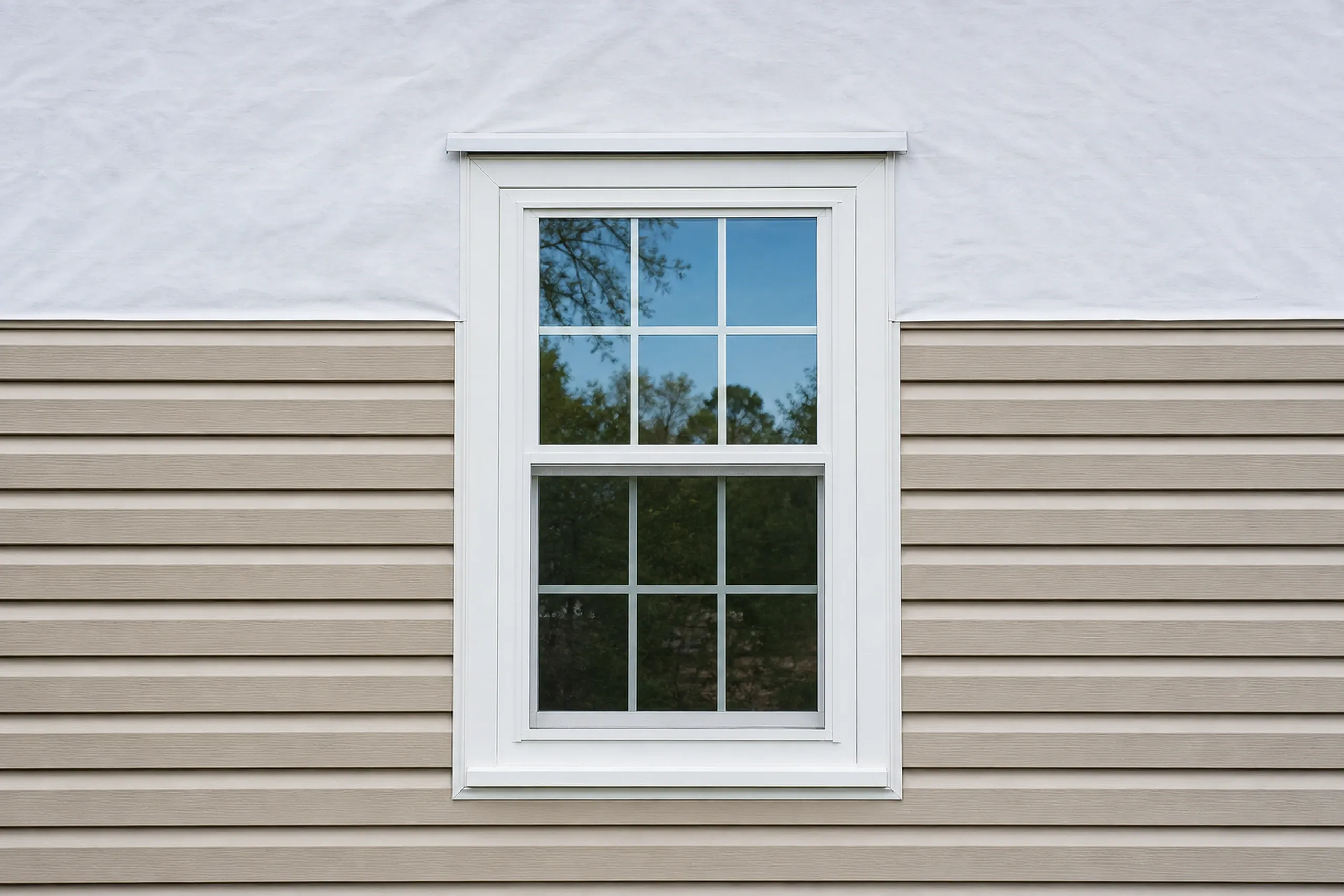 Vinyl install detail on a central Maine colonial: white housewrap lapped over a metal head flashing above a window, new light tan vinyl courses and white J-channel below it, no people, late spring.