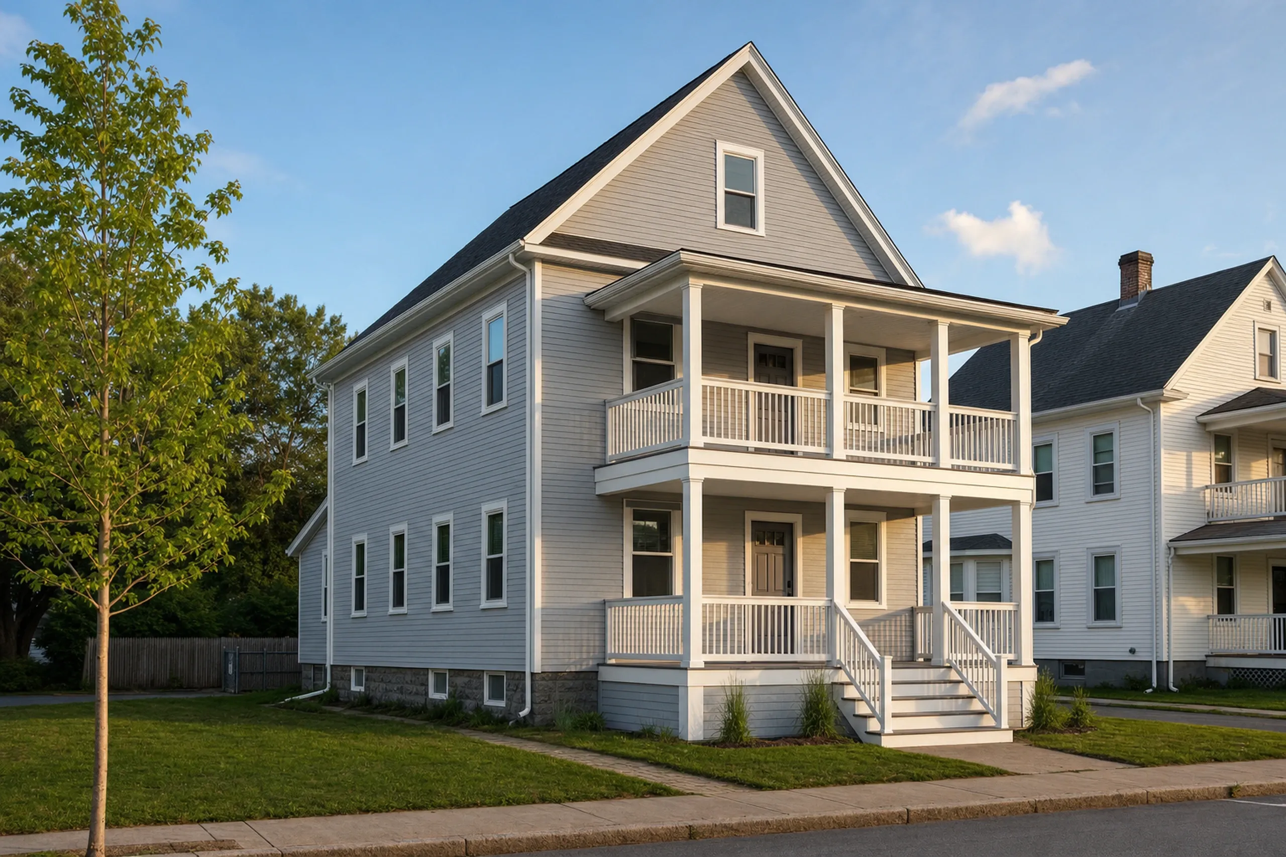 Vinyl siding replacement on a Lewiston-Auburn area two-family house: finished pale gray double-lap vinyl siding on a two-and-a-half-story wood-frame house with stacked front porches, white corner posts and window trim, early summer.