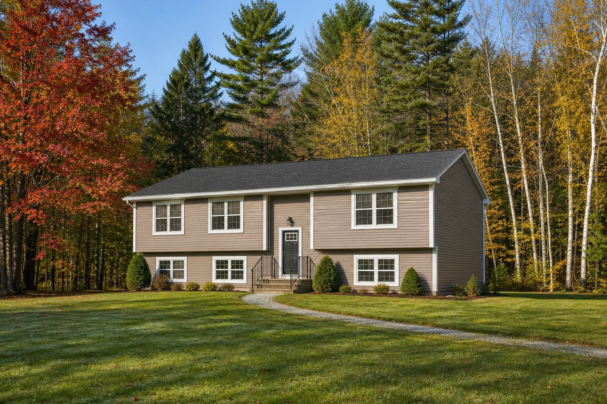 Finished vinyl siding on a central Maine 1970s raised ranch: clay-colored vinyl lap siding on both levels, white trim and corner posts, a mown lawn and red maples on a wooded lot, early fall.