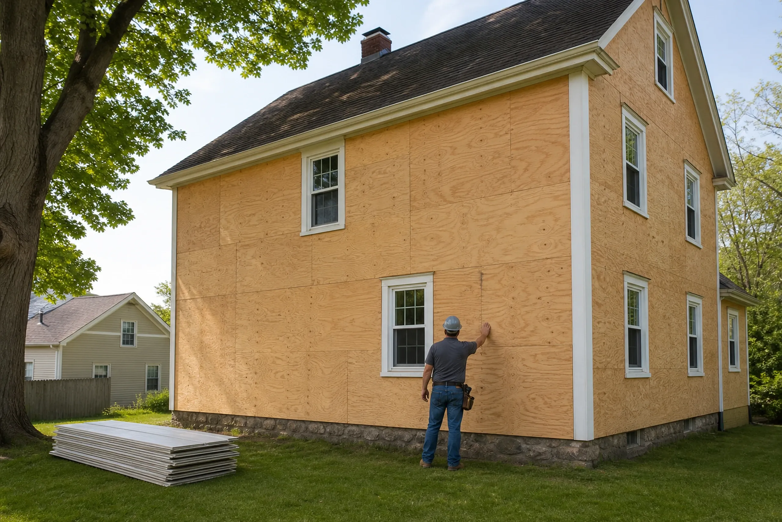 Vinyl re-side prep on a central Maine cape: one installer seen from behind pressing a thumb into bare plywood sheathing below a window on a wall stripped of old aluminum siding, a pile of neatly stacked old panels on the grass, late spring.