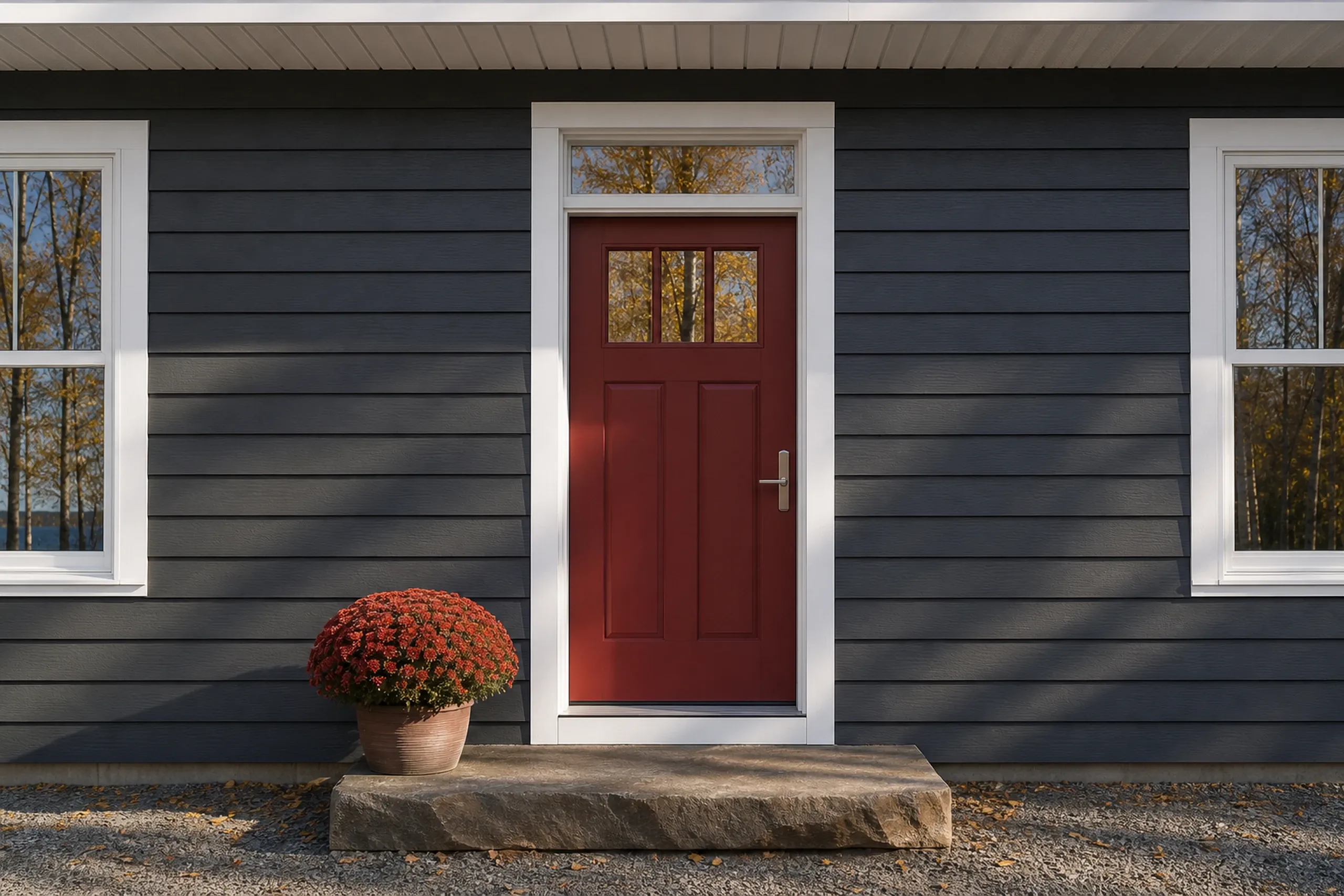 Re-sided vinyl lake house entry in the Lewiston-Auburn area: Shot vertically, the front entry of a re-sided year-round lake house, deep charcoal vinyl lap siding around a brick-red door with a transom window, white trim, a flat fieldstone step and a pot of rust-red mums, birches turning gold behind, cool clear October morning light.